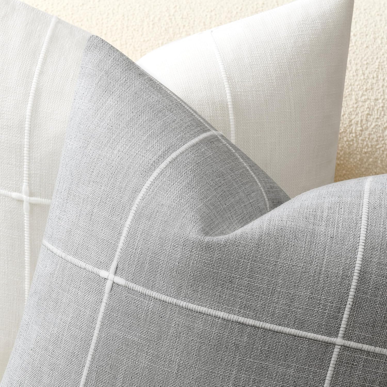 2 Packs Grid Embroidery Throw Pillow Covers, 18x18 Inch Light Grey, Farmhouse Linen Decorative Grey Cushion Covers for Sofa Bed Living Room Home Decor