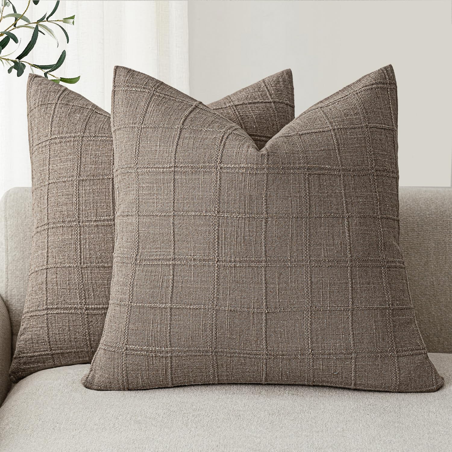 Foindtower Set of 2 Decorative Linen Check Throw Pillow Covers Neutral Farmhouse Vintage Cushion Covers Modern Boho Home Decor for Sofa Chair Couch Bedroom Living Room,18×18 Inch,Natural Beige