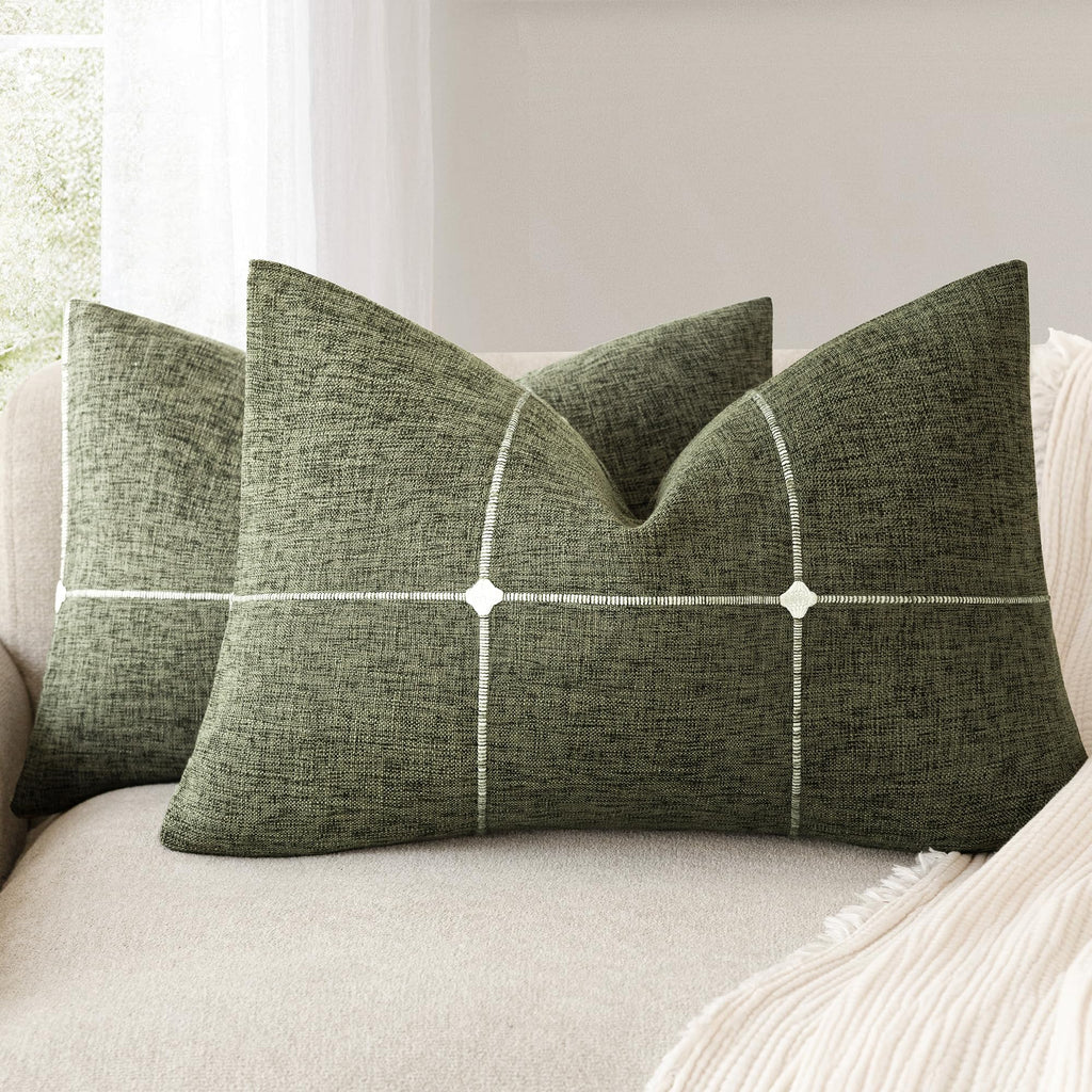 Foindtower Pack of 2 Decorative Faux Linen Jacquard Check Throw Pillow Covers Farmhouse Cushion Cover with Grid Textured Accent Pillowcase for Couch Sofa Living Room Home Decor,20×20 Inch,Olive Green