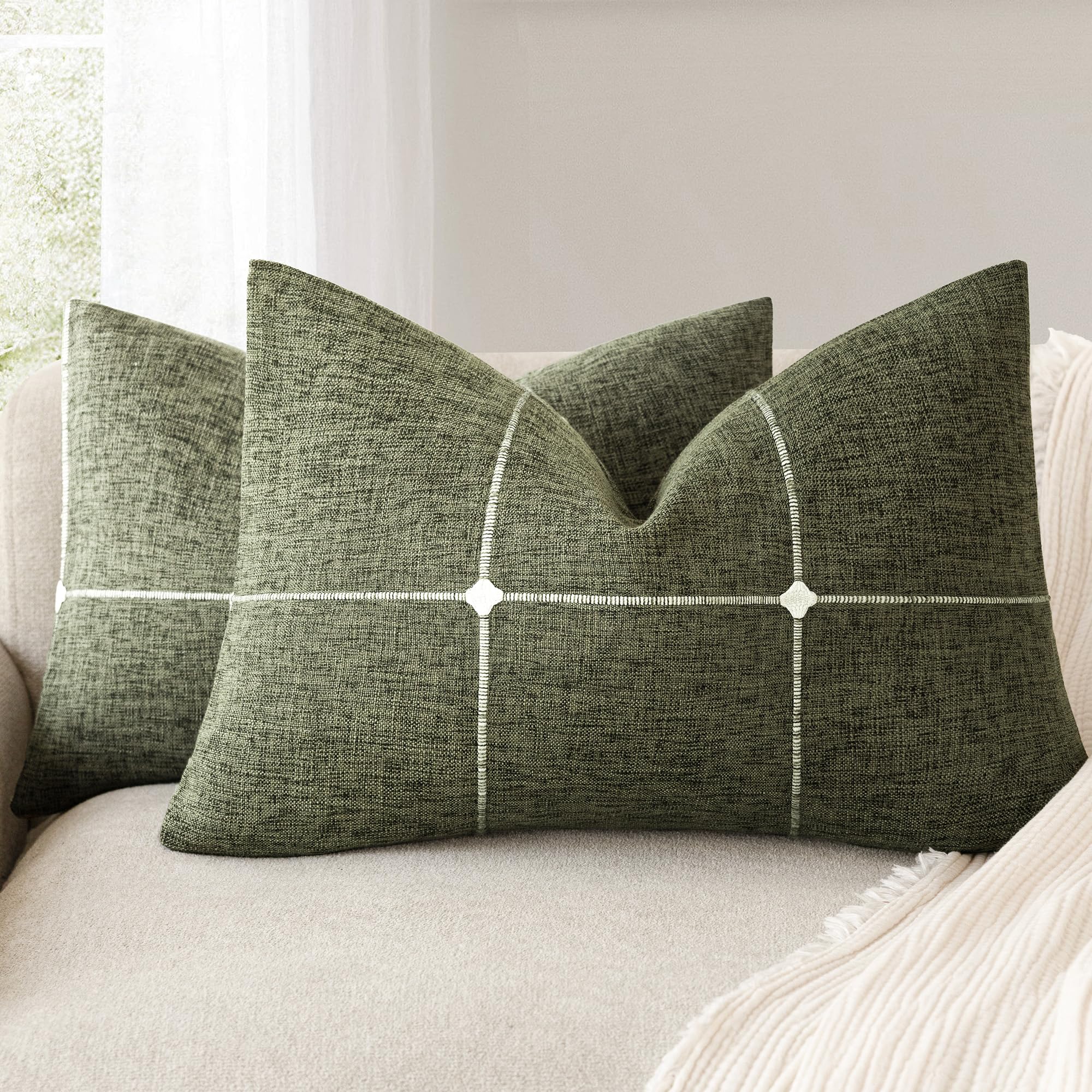 Foindtower Pack of 2 Decorative Faux Linen Jacquard Check Throw Pillow Covers Farmhouse Cushion Cover with Grid Textured Accent Pillowcase for Couch Sofa Living Room Home Decor,20×20 Inch,Olive Green