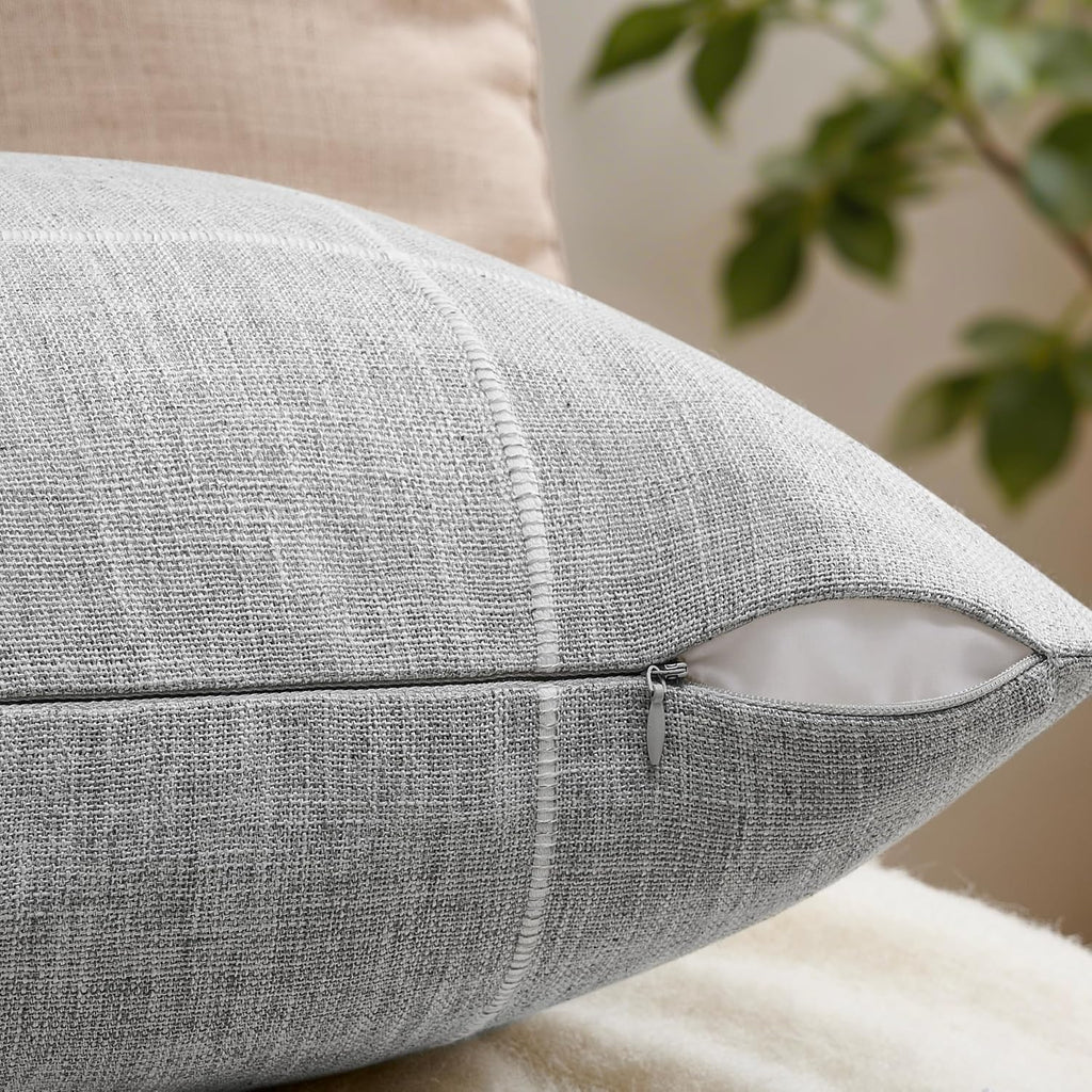 2 Packs Grid Embroidery Throw Pillow Covers, 18x18 Inch Light Grey, Farmhouse Linen Decorative Grey Cushion Covers for Sofa Bed Living Room Home Decor