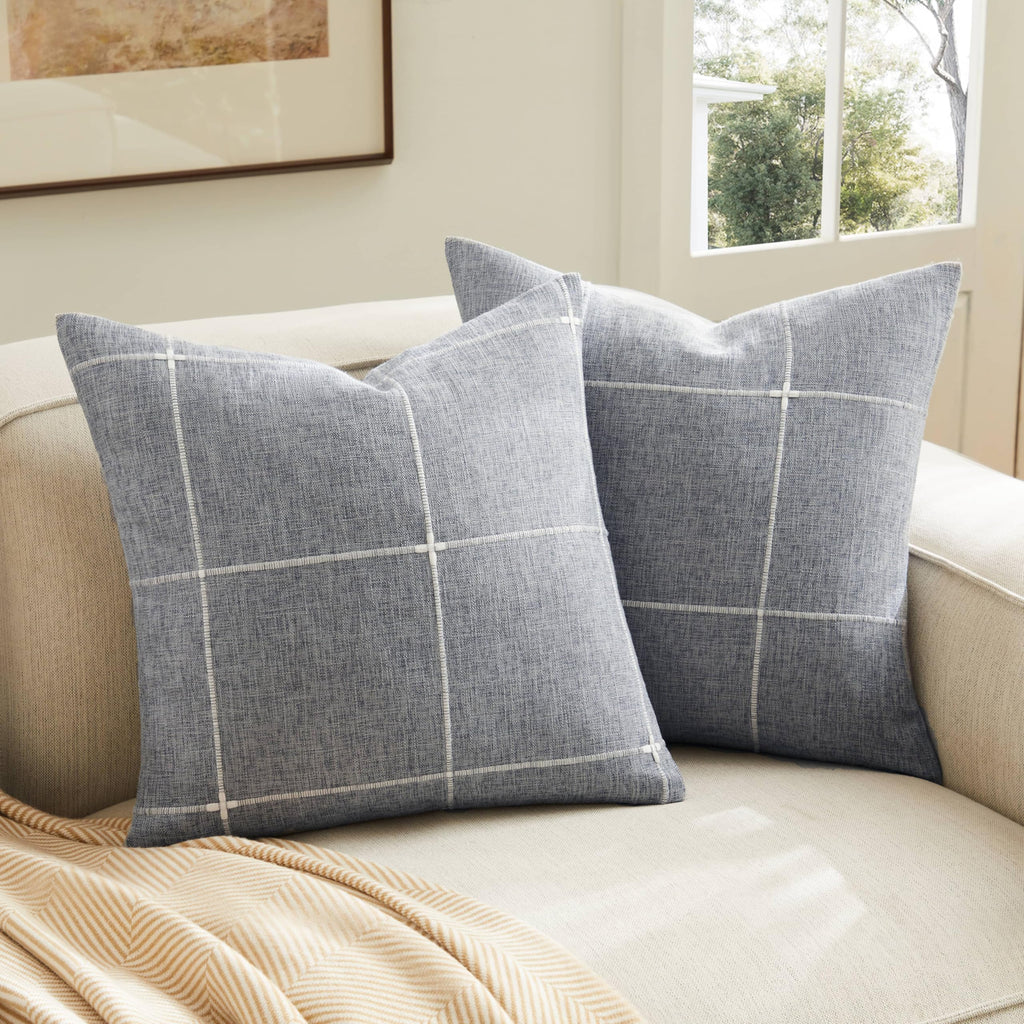 2 Packs Grid Embroidery Throw Pillow Covers, 18x18 Inch Light Sage Green, Farmhouse Linen Decorative Light Green Cushion Covers for Sofa Bed Living Room Home Decor
