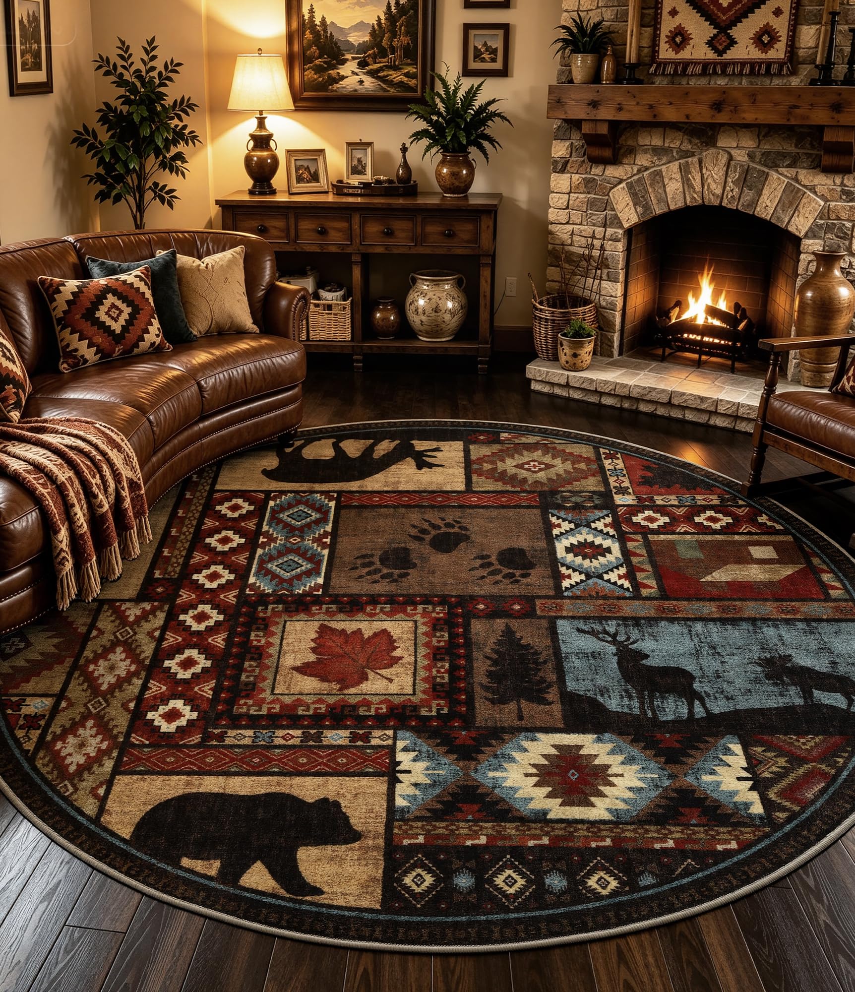 Hallway Runner Rug 2x6 Indoor Door Mat - Bear Rustic Cabin Non-Slip Entryway Rug, Low Pile Tribal Print for Kitchen, Bedroom