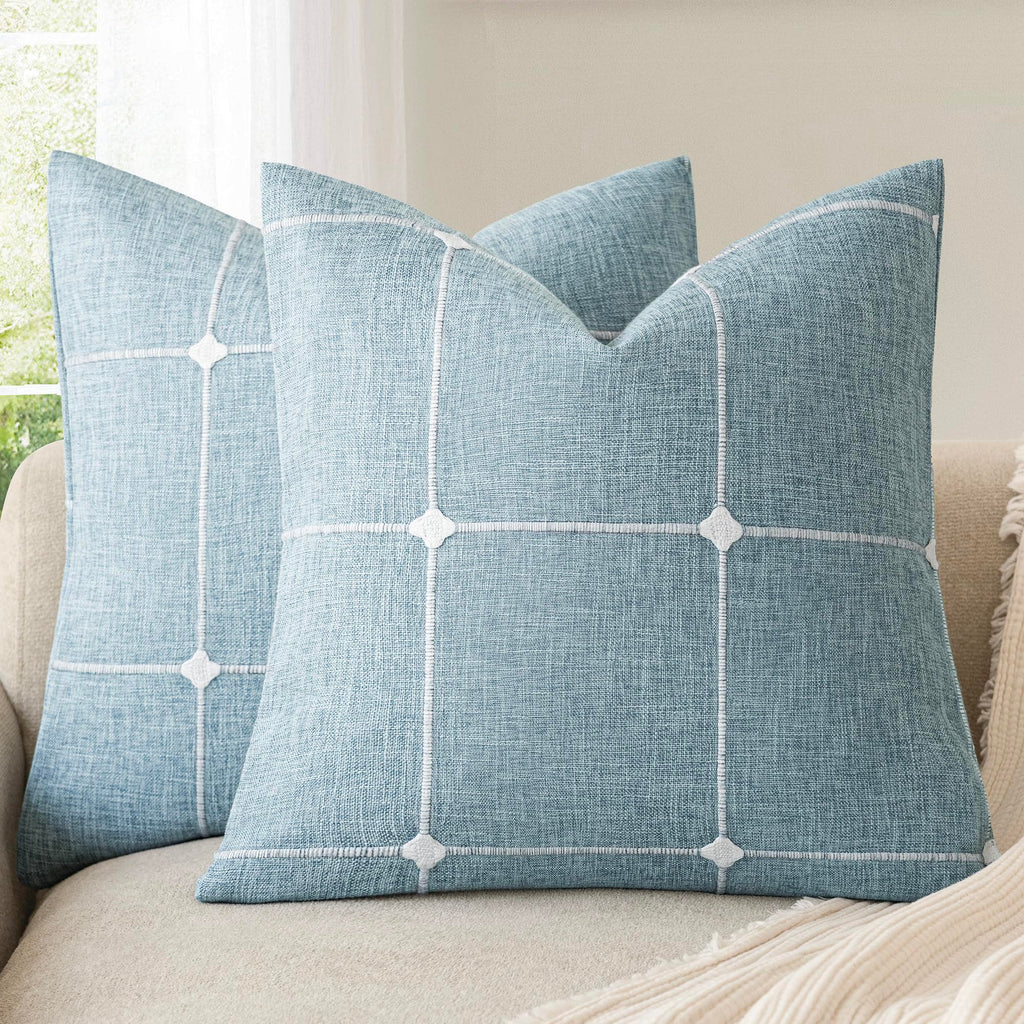 Foindtower Pack of 2 Decorative Faux Linen Jacquard Check Throw Pillow Covers Farmhouse Cushion Cover with Grid Textured Accent Pillowcase for Couch Sofa Living Room Home Decor,20×20 Inch,Olive Green