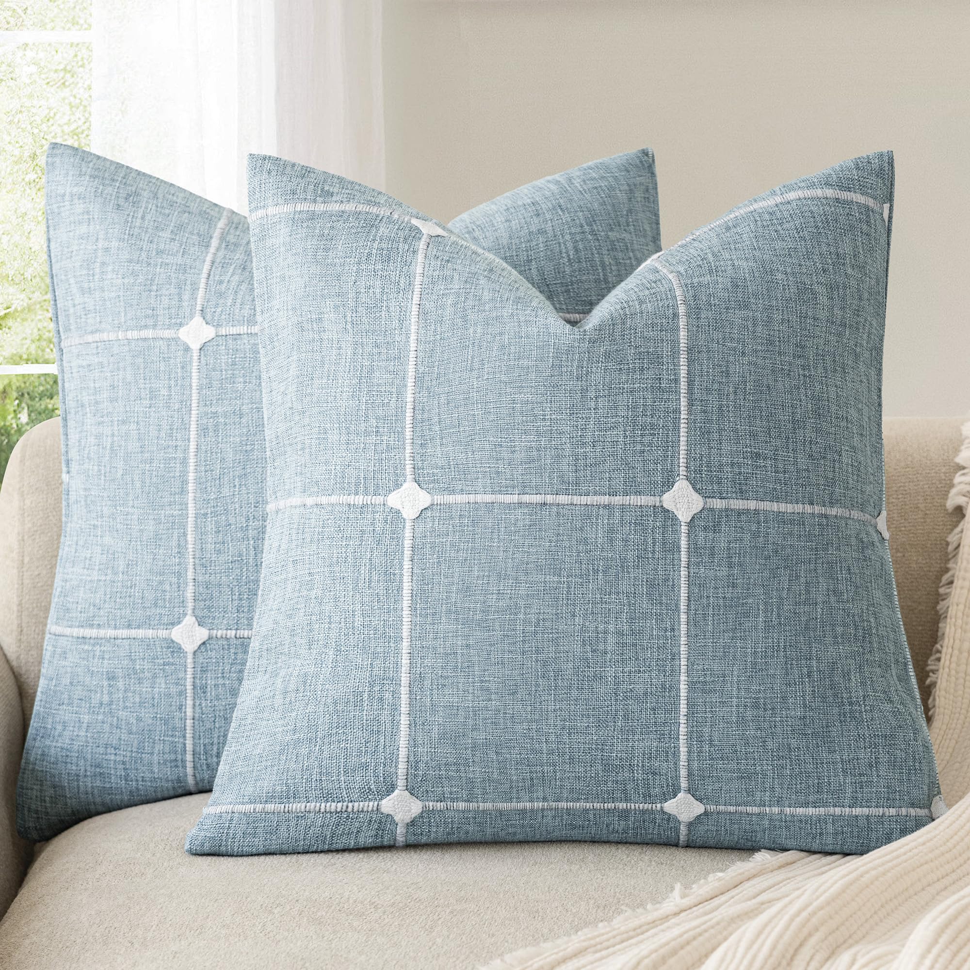 Foindtower Pack of 2 Decorative Faux Linen Jacquard Check Throw Pillow Covers Farmhouse Cushion Cover with Grid Textured Accent Pillowcase for Couch Sofa Living Room Home Decor,20×20 Inch,Olive Green