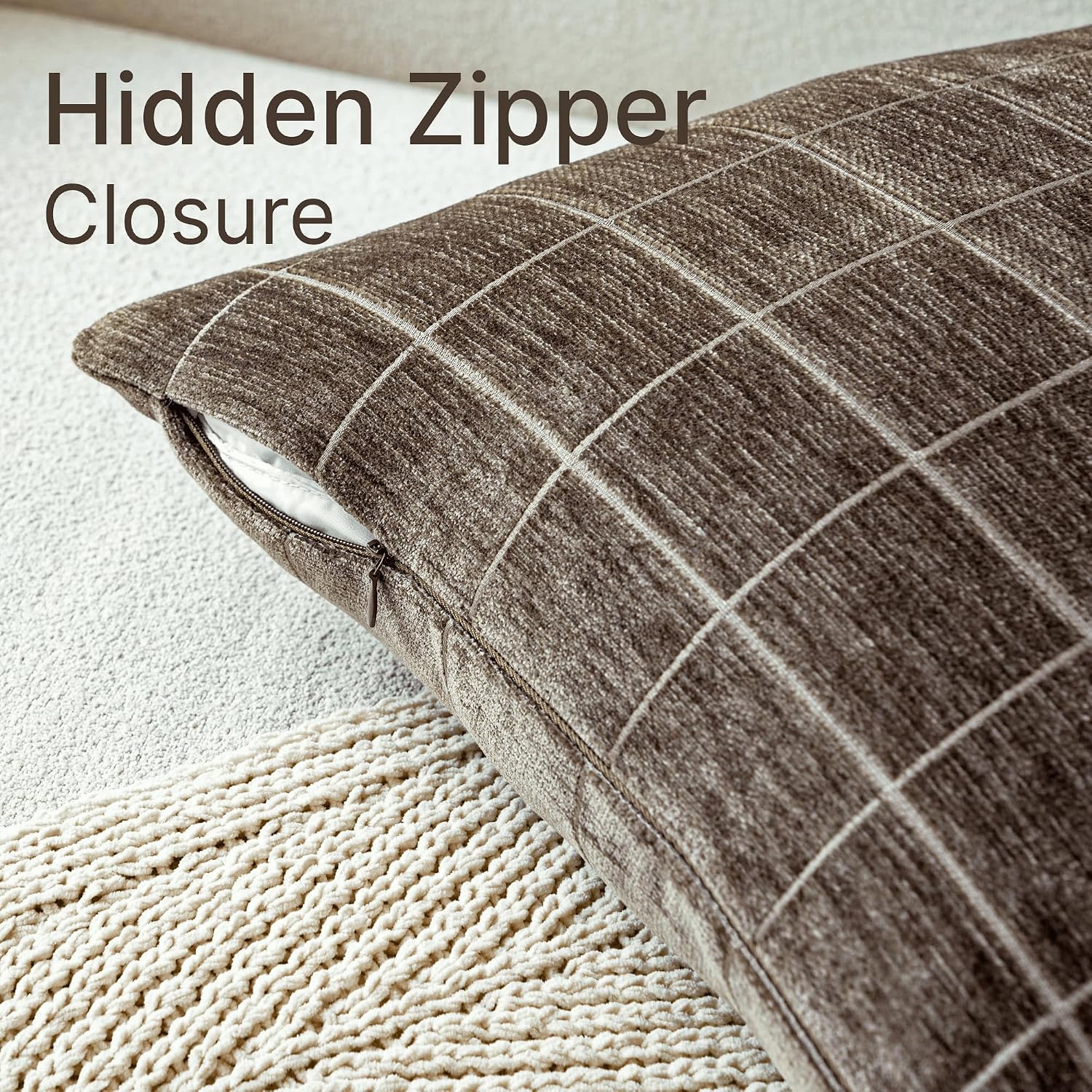 Decorative Chenille Plaid Throw Pillow Covers 18x18 Inch Set of 2 Vintage Check Couch Pillows Neutral Boho Farmhouse Cushion Covers Modern Home Decor for Sofa Bed Living Room Taupe Grey