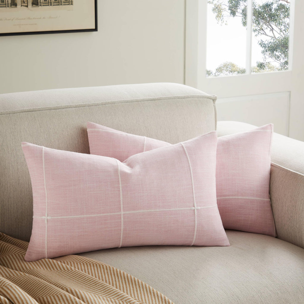 2 Packs Grid Embroidery Throw Pillow Covers, 18x18 Inch Light Grey, Farmhouse Linen Decorative Grey Cushion Covers for Sofa Bed Living Room Home Decor
