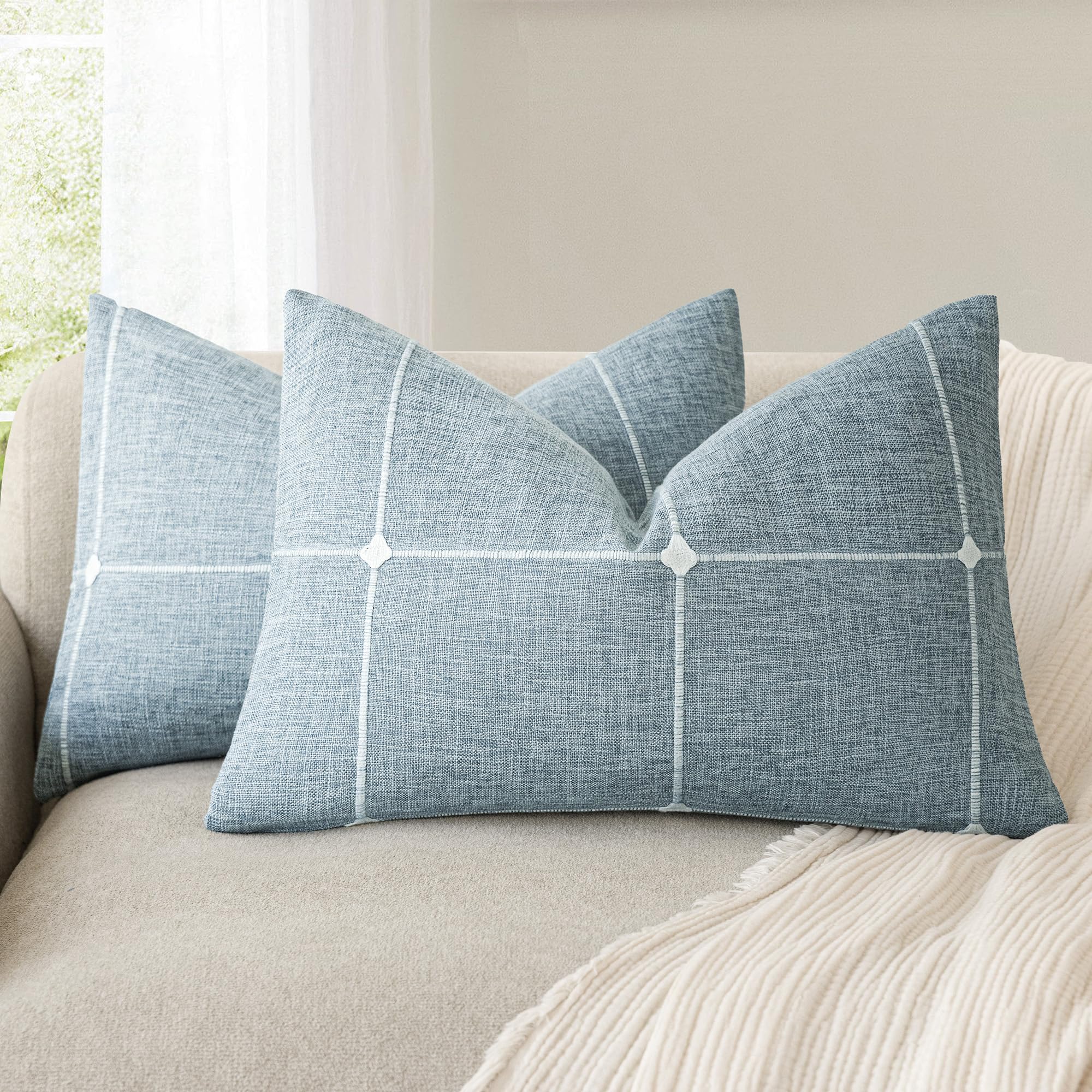 Foindtower Pack of 2 Decorative Faux Linen Jacquard Check Throw Pillow Covers Farmhouse Cushion Cover with Grid Textured Accent Pillowcase for Couch Sofa Living Room Home Decor,20×20 Inch,Olive Green