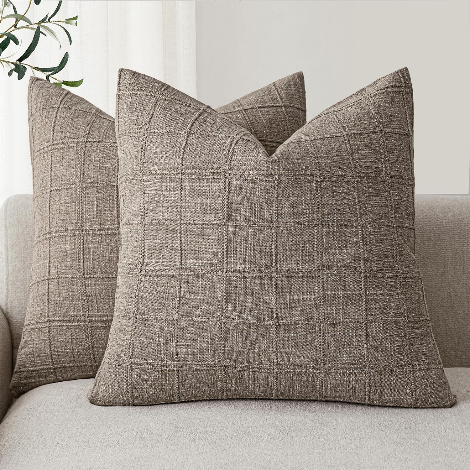 Foindtower Set of 2 Decorative Linen Check Throw Pillow Covers Neutral Farmhouse Vintage Cushion Covers Modern Boho Home Decor for Sofa Chair Couch Bedroom Living Room,18×18 Inch,Natural Beige