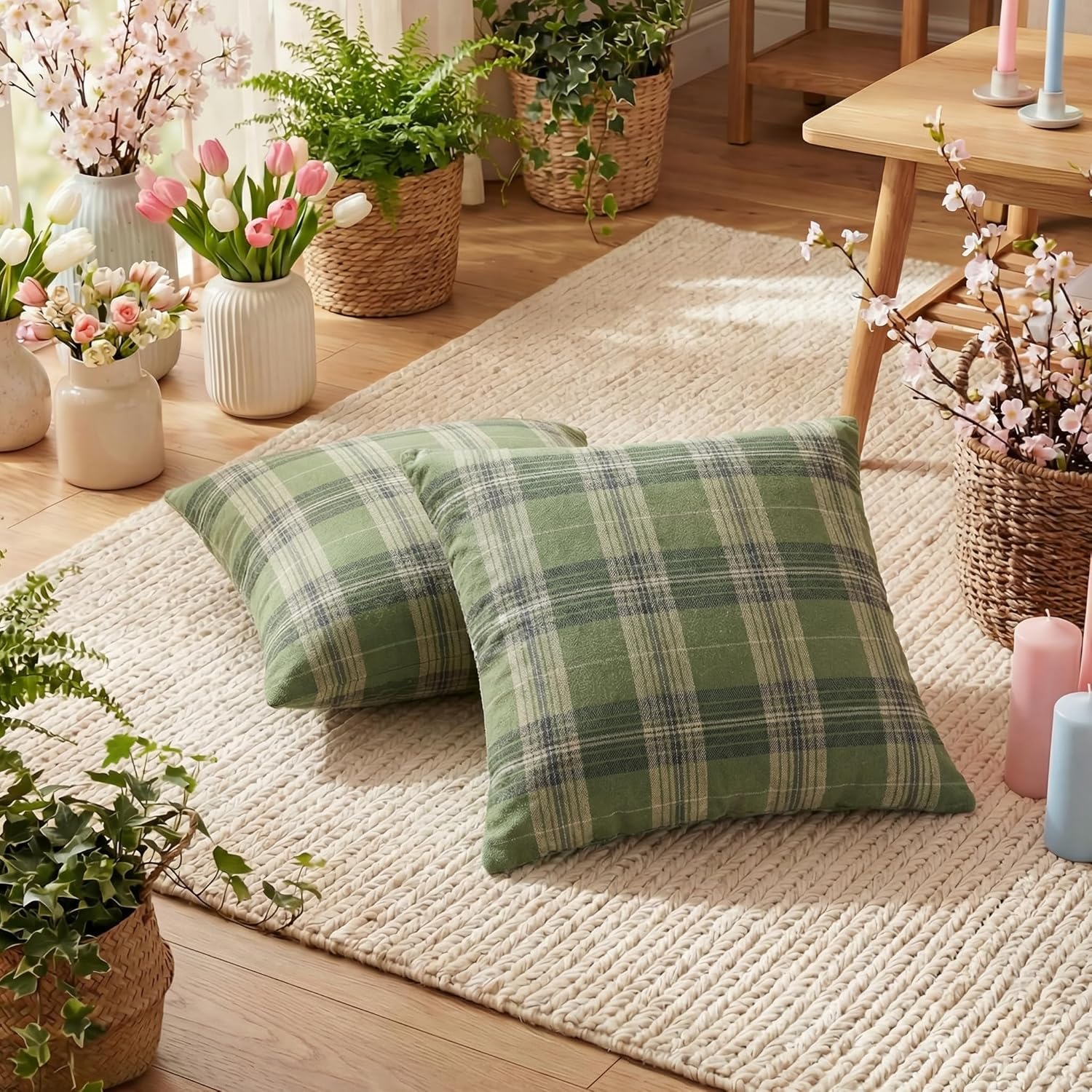 AVOIN colorlife Spring Summer Green Khaki Plaid Decorative Throw Pillow Covers, 18 x 18 Inch Holiday Scottish Tartan Cushion Case Farmhouse Decoration for Sofa Couch Set of 2