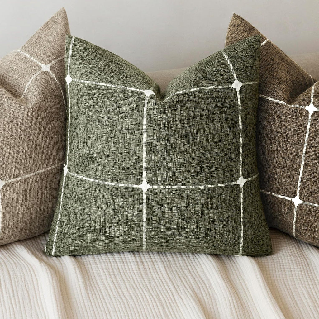 Foindtower Pack of 2 Decorative Faux Linen Jacquard Check Throw Pillow Covers Farmhouse Cushion Cover with Grid Textured Accent Pillowcase for Couch Sofa Living Room Home Decor,20×20 Inch,Olive Green