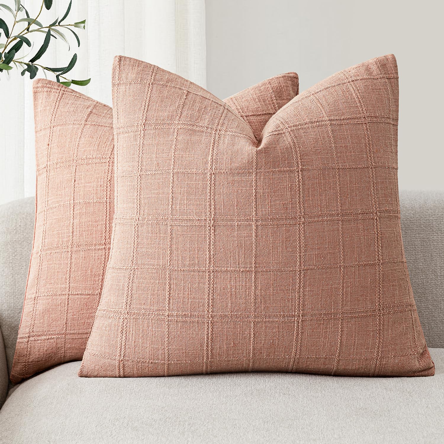 Foindtower Set of 2 Decorative Linen Check Throw Pillow Covers Neutral Farmhouse Vintage Cushion Covers Modern Boho Home Decor for Sofa Chair Couch Bedroom Living Room,18×18 Inch,Natural Beige