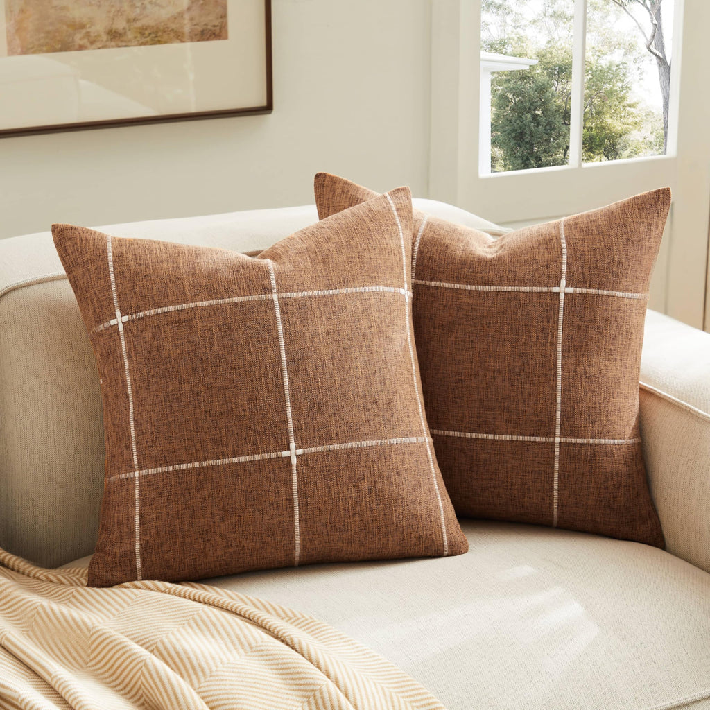 2 Packs Grid Embroidery Throw Pillow Covers, 18x18 Inch Light Grey, Farmhouse Linen Decorative Grey Cushion Covers for Sofa Bed Living Room Home Decor