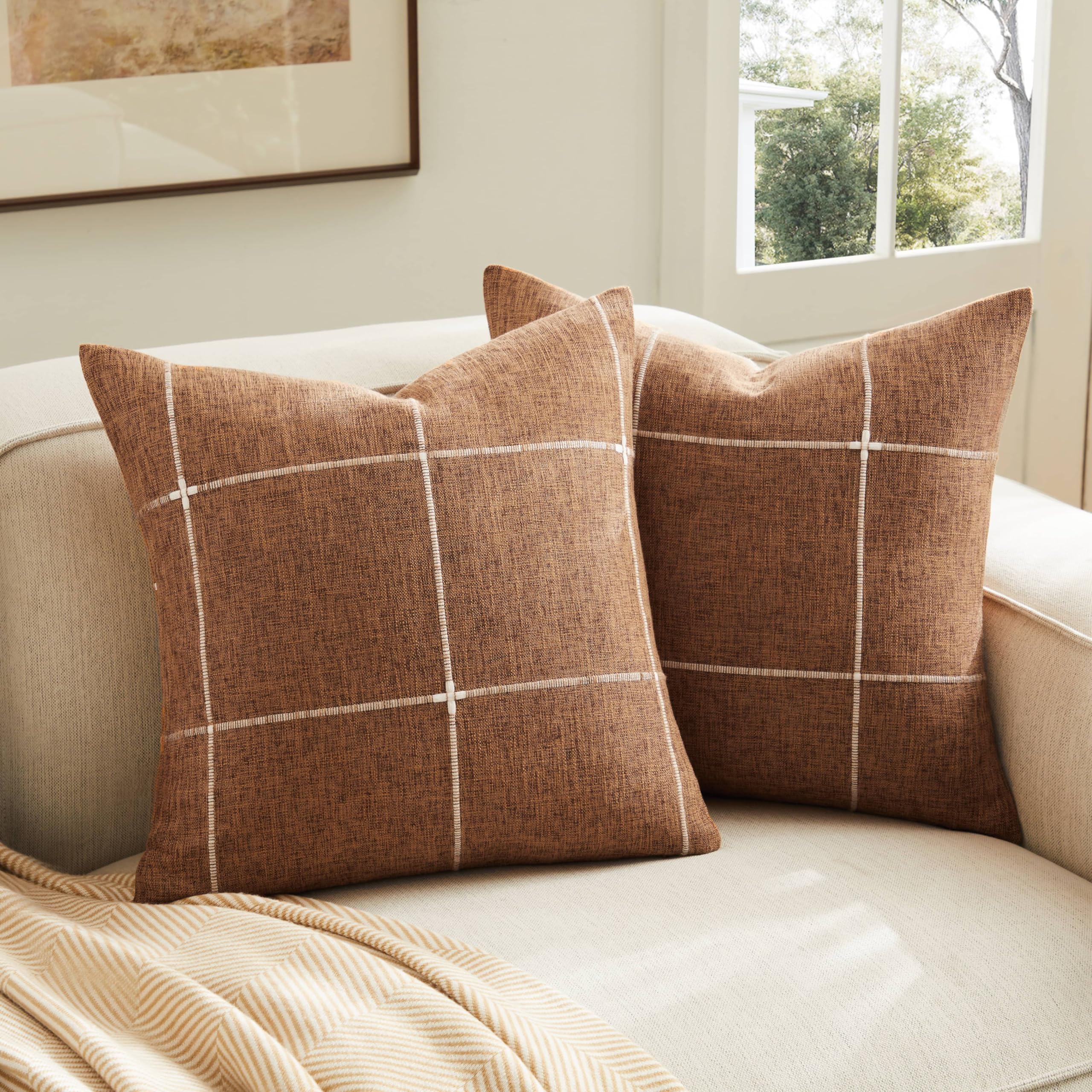 2 Packs Grid Embroidery Throw Pillow Covers, 18x18 Inch Light Grey, Farmhouse Linen Decorative Grey Cushion Covers for Sofa Bed Living Room Home Decor