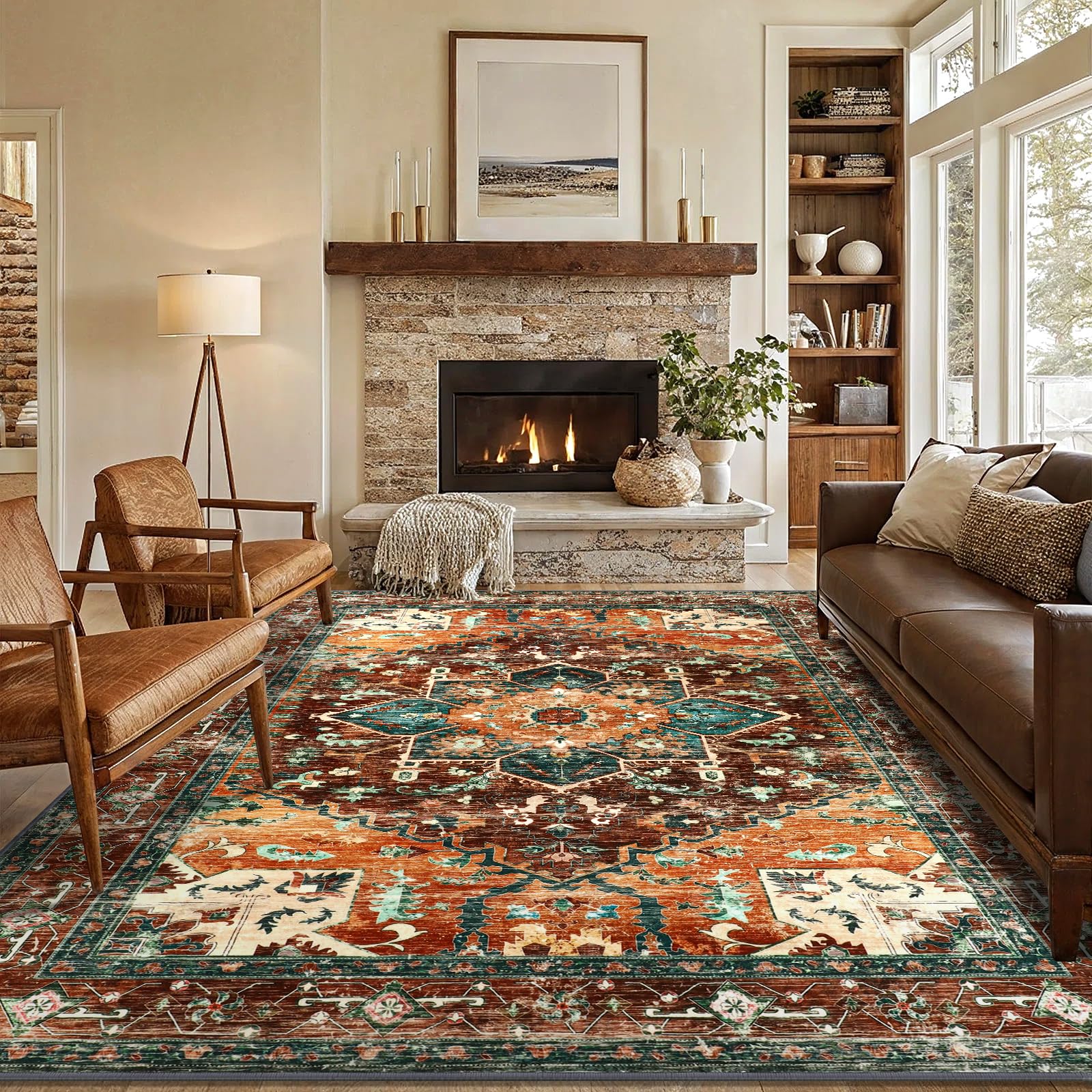 Yamaziot Washable Runner Rug, 2x8 Non-Slip Boho Vintage Hallway Rug Runner with Rubber Backing, Stain Resistant & Low Pile Faux Wool Distressed Carpet Runner for Bedroom, Kitchen, Laundry, Entrance