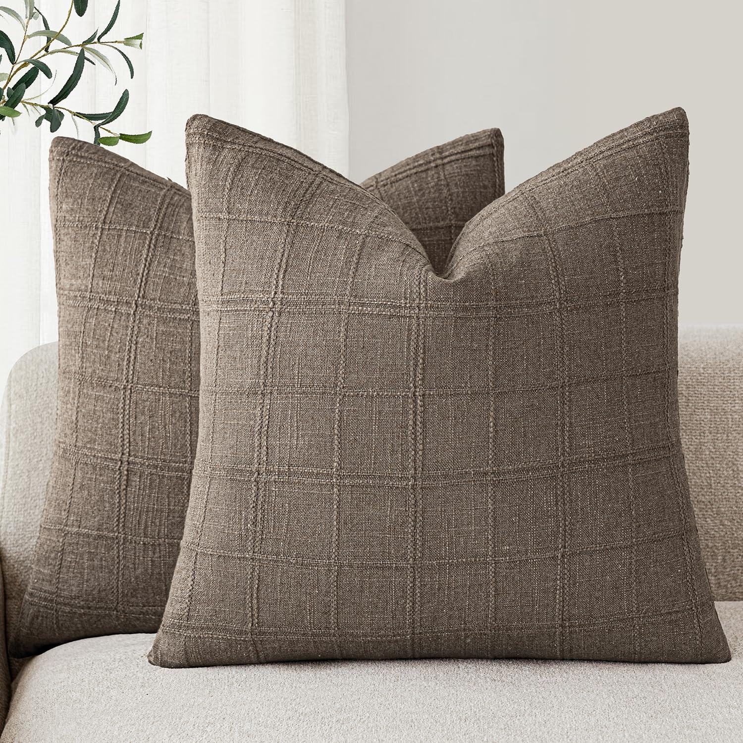 Foindtower Set of 2 Decorative Linen Check Throw Pillow Covers Neutral Farmhouse Vintage Cushion Covers Modern Boho Home Decor for Sofa Chair Couch Bedroom Living Room,18×18 Inch,Natural Beige