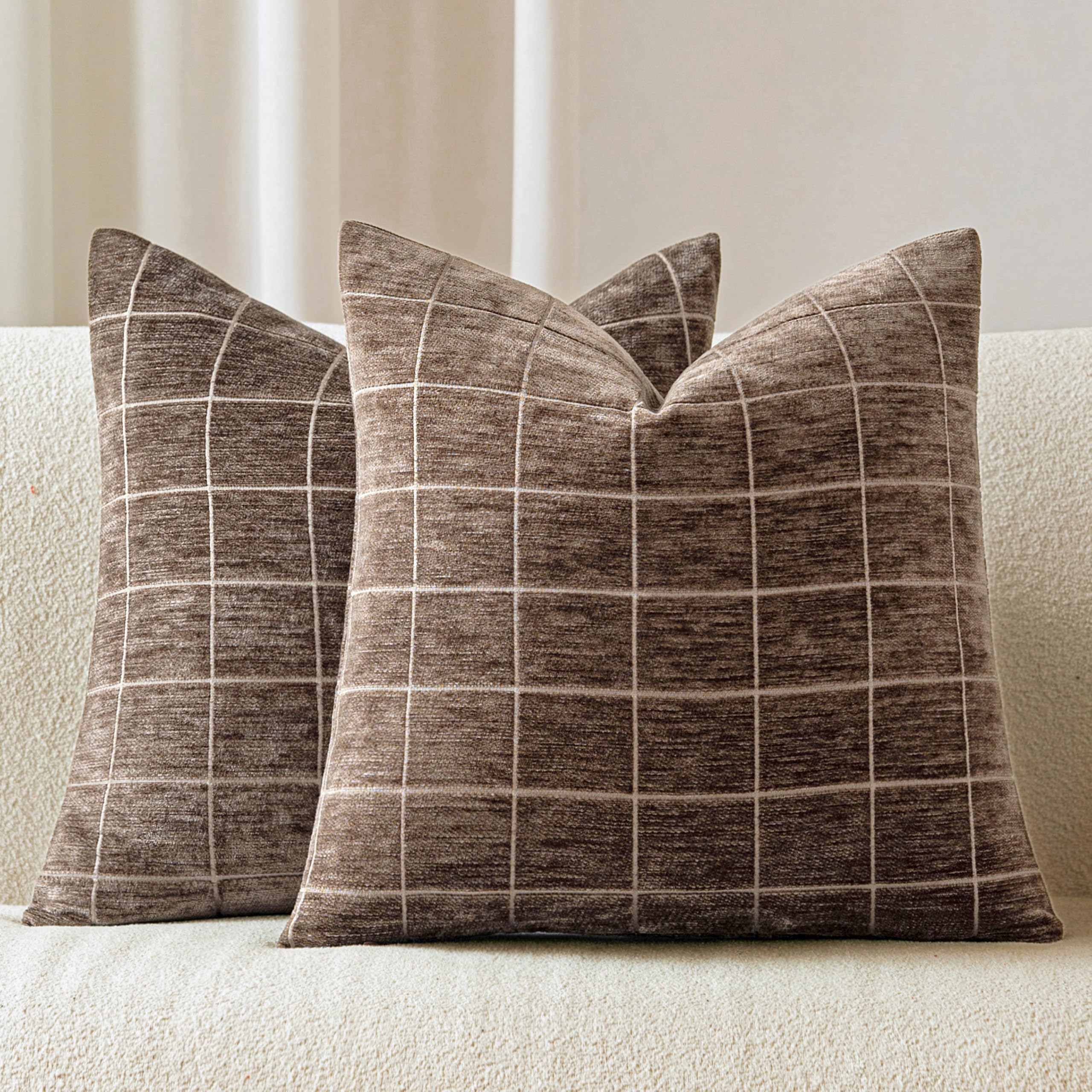 Decorative Chenille Plaid Throw Pillow Covers 18x18 Inch Set of 2 Vintage Check Couch Pillows Neutral Boho Farmhouse Cushion Covers Modern Home Decor for Sofa Bed Living Room Taupe Grey