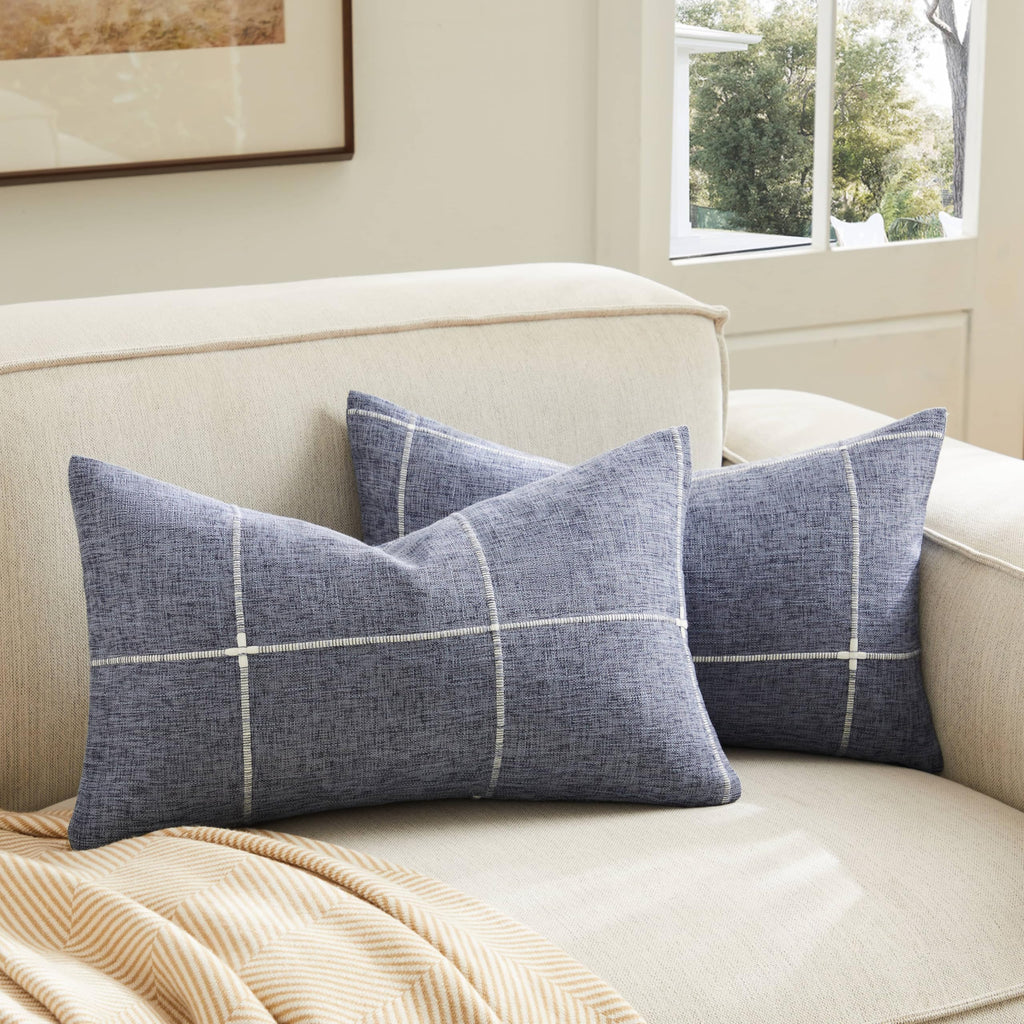 2 Packs Grid Embroidery Throw Pillow Covers, 18x18 Inch Light Sage Green, Farmhouse Linen Decorative Light Green Cushion Covers for Sofa Bed Living Room Home Decor