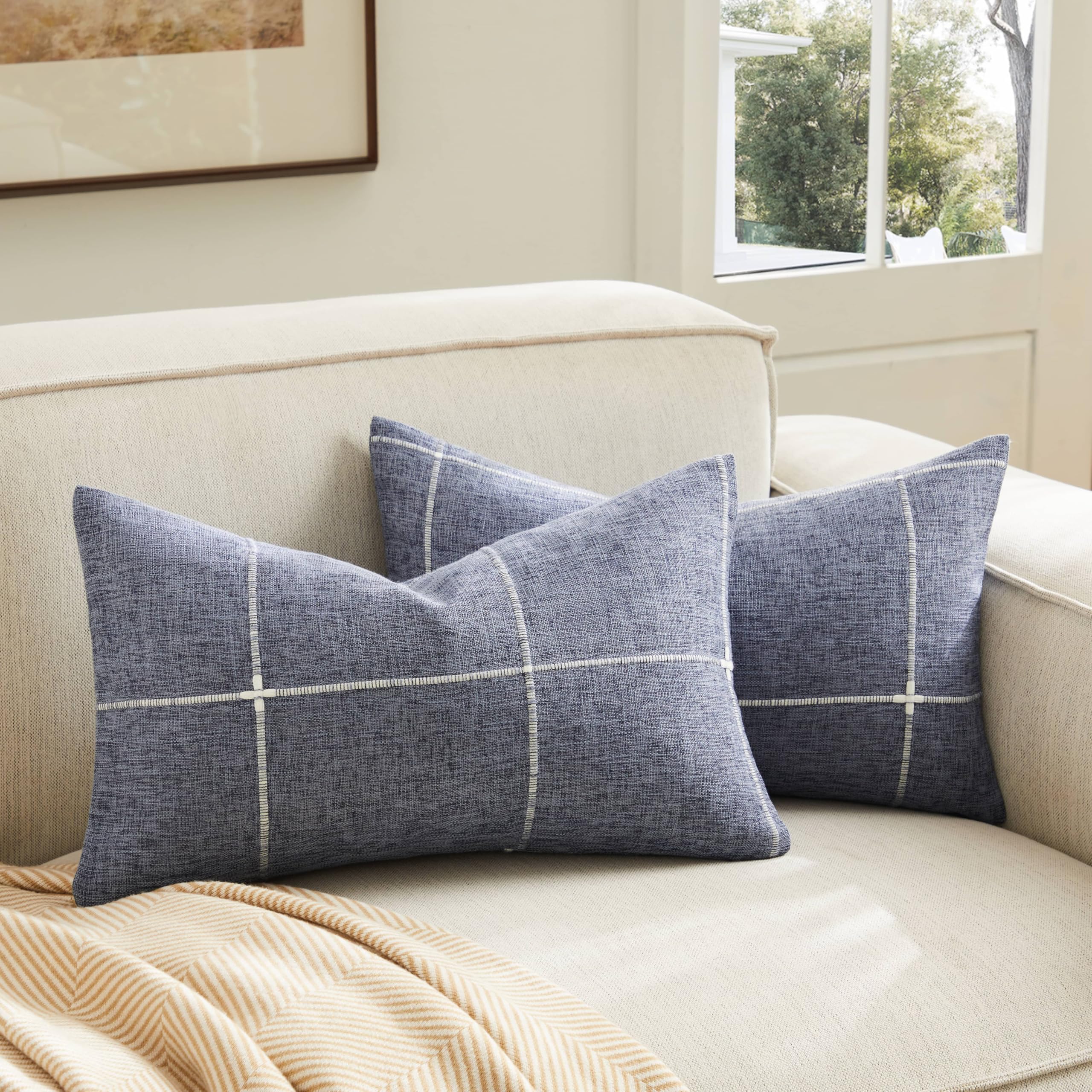 2 Packs Grid Embroidery Throw Pillow Covers, 18x18 Inch Light Sage Green, Farmhouse Linen Decorative Light Green Cushion Covers for Sofa Bed Living Room Home Decor