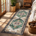 Yamaziot Washable Runner Rug, 2x8 Non-Slip Boho Vintage Hallway Rug Runner with Rubber Backing, Stain Resistant & Low Pile Faux Wool Distressed Carpet Runner for Bedroom, Kitchen, Laundry, Entrance