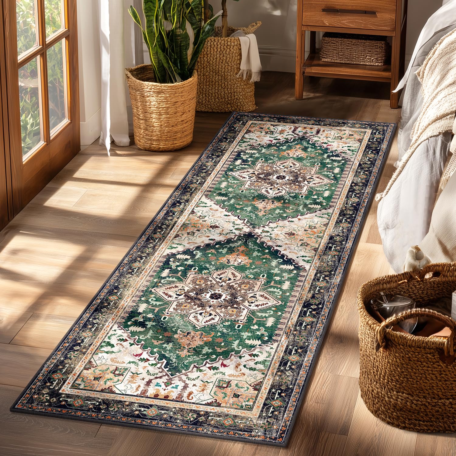 Yamaziot Washable Runner Rug, 2x8 Non-Slip Boho Vintage Hallway Rug Runner with Rubber Backing, Stain Resistant & Low Pile Faux Wool Distressed Carpet Runner for Bedroom, Kitchen, Laundry, Entrance