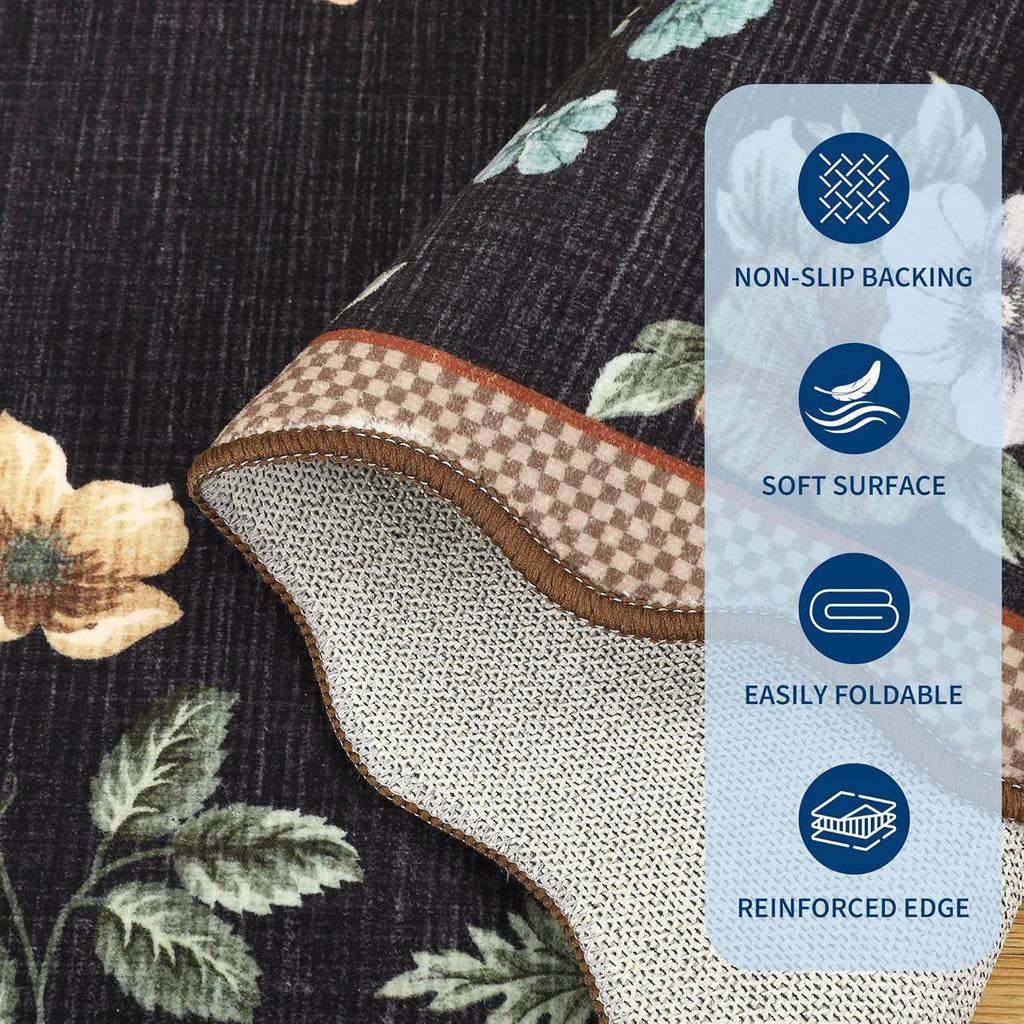 GarveeHome Floral Scalloped Kitchen Runner Rug, 2X6 Washable Hallway Runner Non-Slip, Soft Print Laundry Room Rug Low-Pile Stain Resistant Boho Carpet for Bathroom Bedroom Dorm, Black