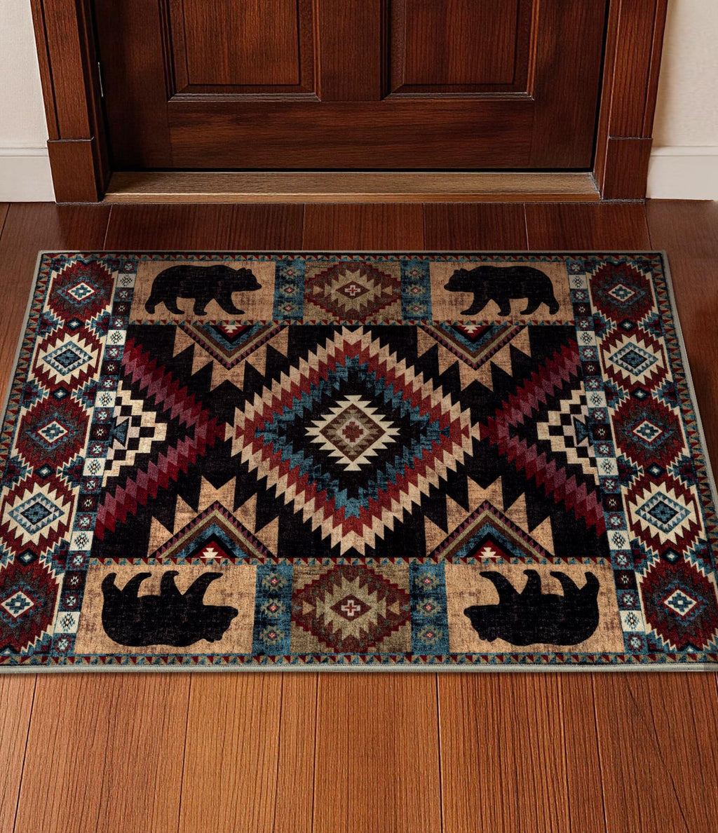 Hallway Runner Rug 2x6 Indoor Door Mat - Bear Rustic Cabin Non-Slip Entryway Rug, Low Pile Tribal Print for Kitchen, Bedroom