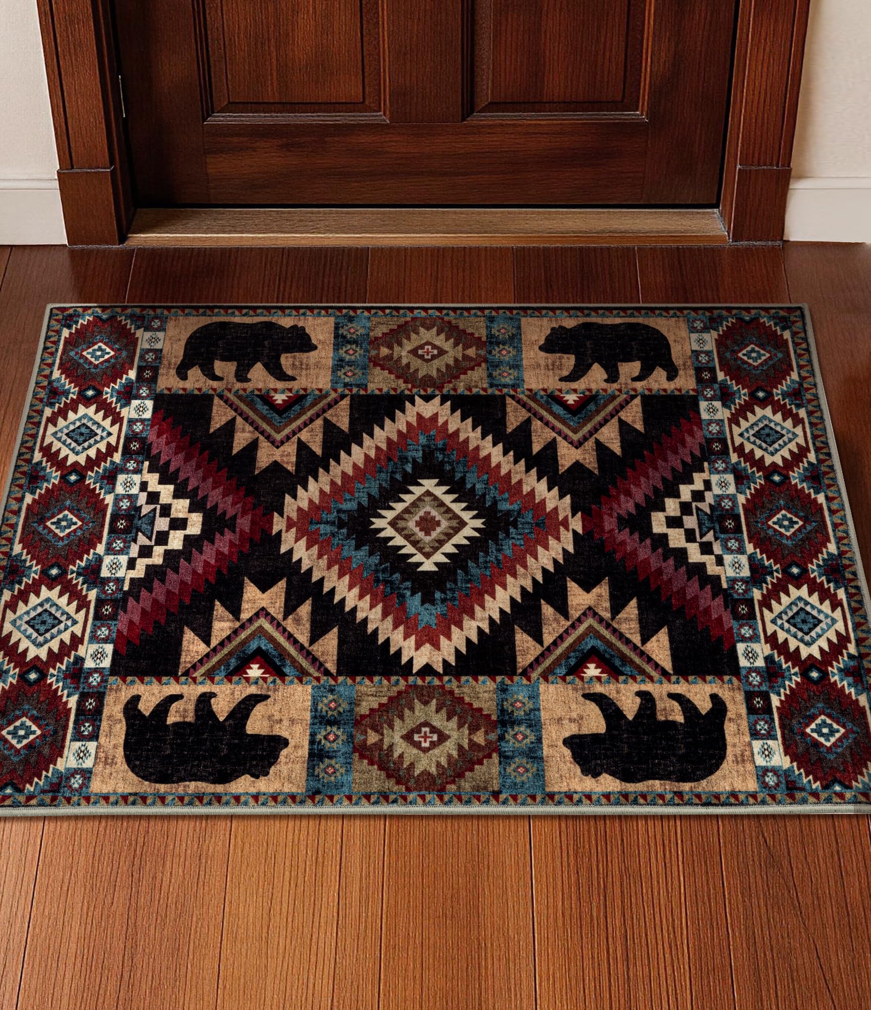 Hallway Runner Rug 2x6 Indoor Door Mat - Bear Rustic Cabin Non-Slip Entryway Rug, Low Pile Tribal Print for Kitchen, Bedroom