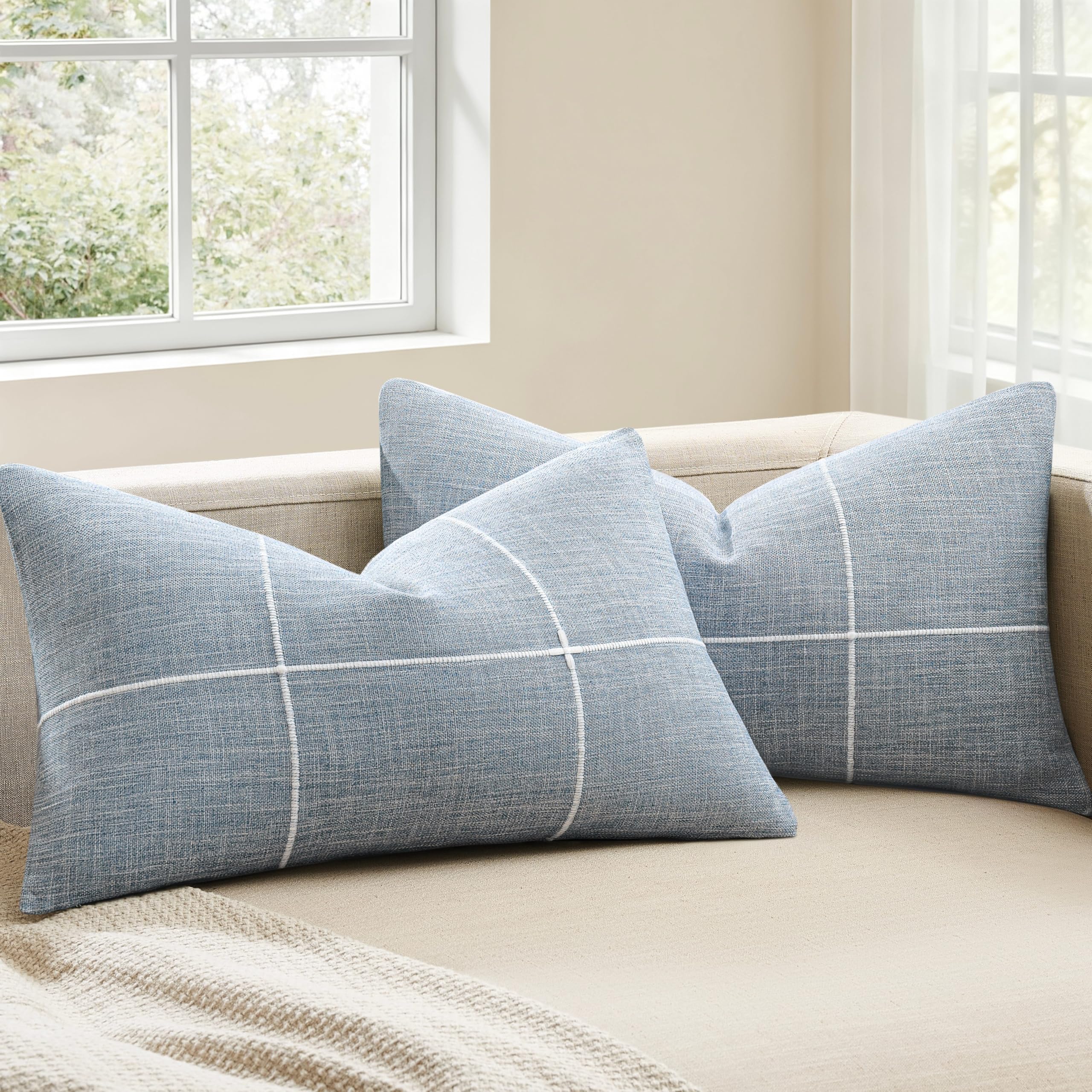 2 Packs Grid Embroidery Throw Pillow Covers, 18x18 Inch Light Grey, Farmhouse Linen Decorative Grey Cushion Covers for Sofa Bed Living Room Home Decor