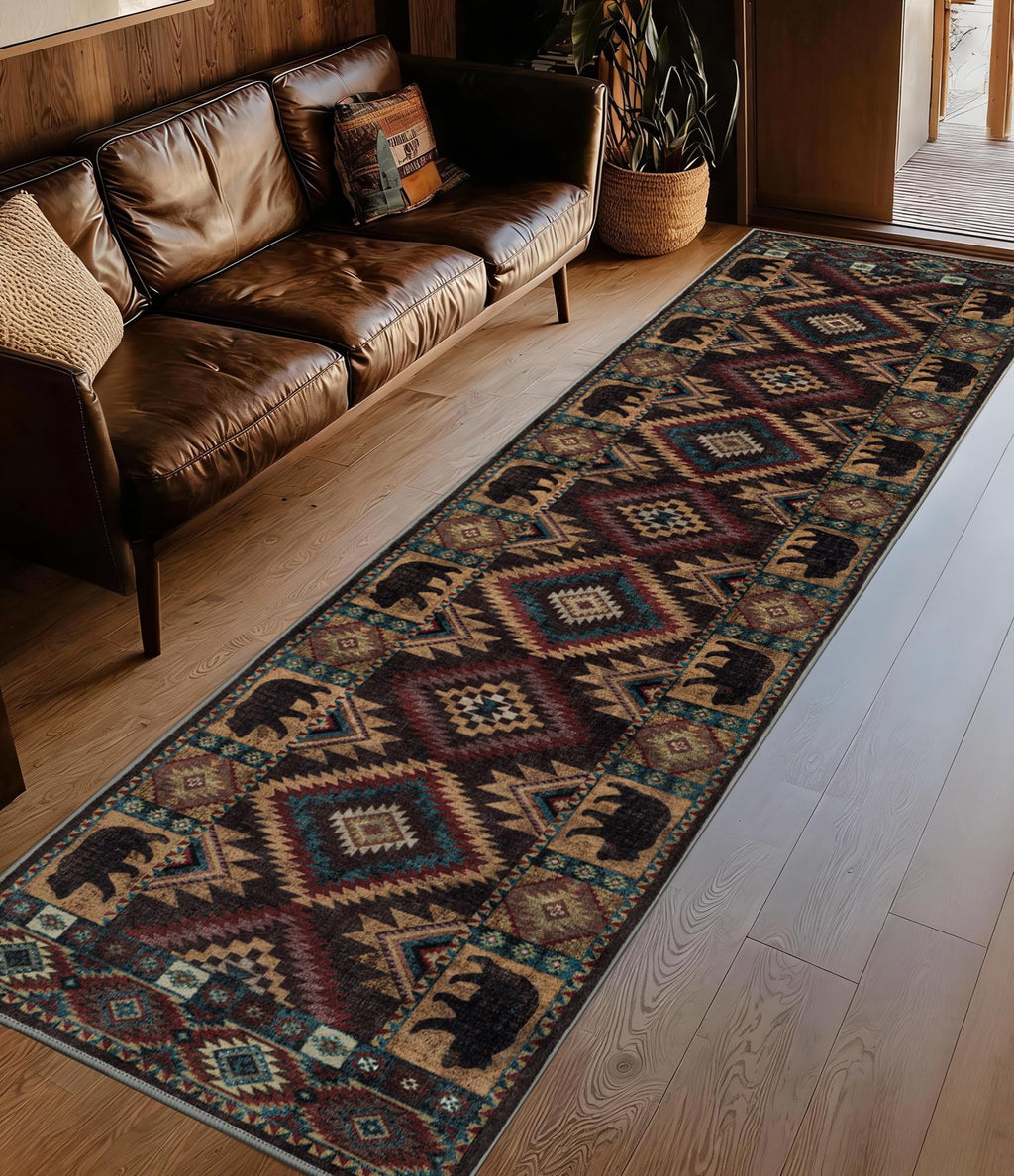 Hallway Runner Rug 2x6 Indoor Door Mat - Bear Rustic Cabin Non-Slip Entryway Rug, Low Pile Tribal Print for Kitchen, Bedroom