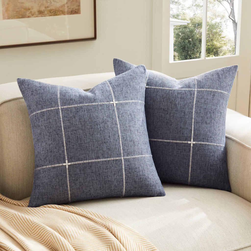 2 Packs Grid Embroidery Throw Pillow Covers, 18x18 Inch Light Grey, Farmhouse Linen Decorative Grey Cushion Covers for Sofa Bed Living Room Home Decor