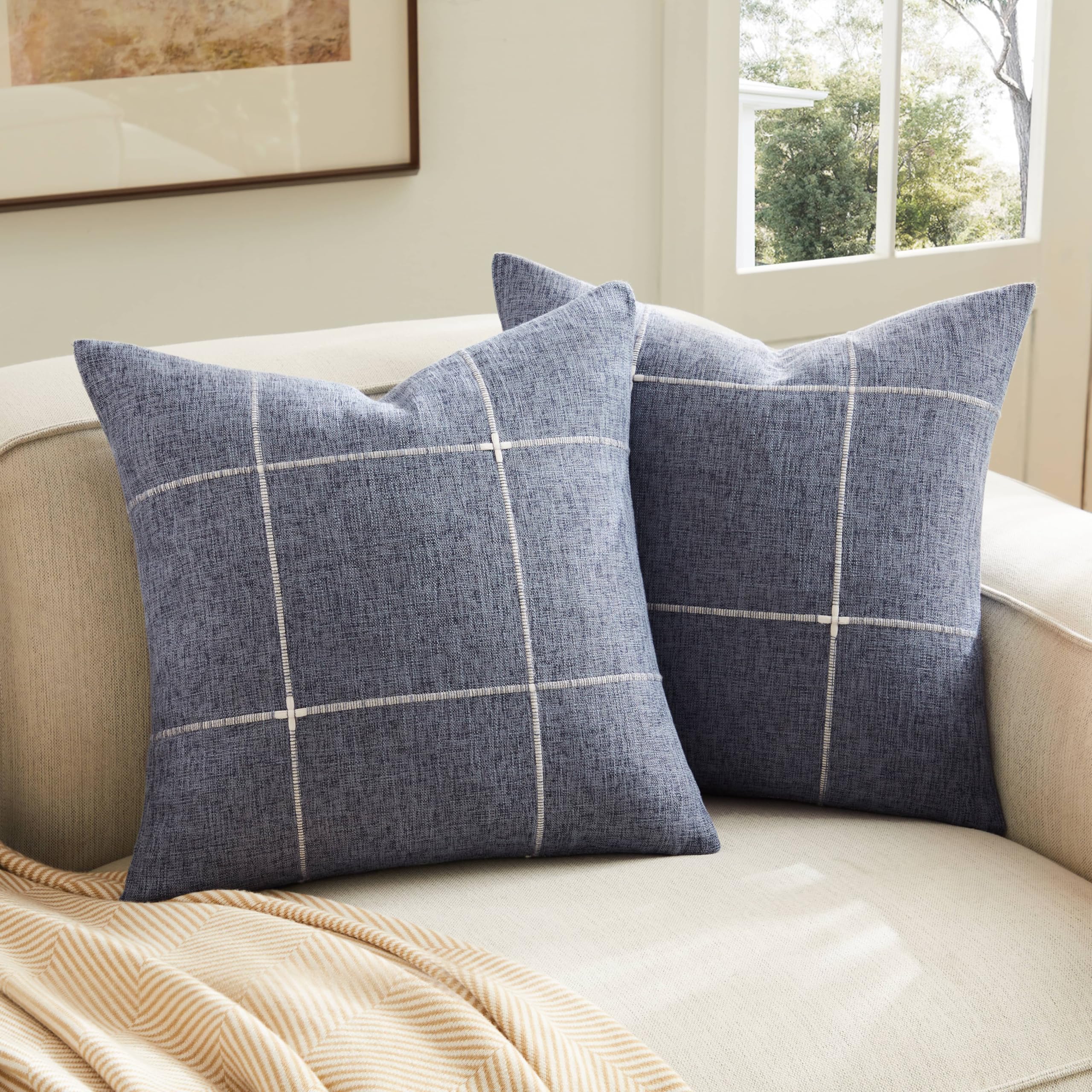 2 Packs Grid Embroidery Throw Pillow Covers, 18x18 Inch Light Sage Green, Farmhouse Linen Decorative Light Green Cushion Covers for Sofa Bed Living Room Home Decor