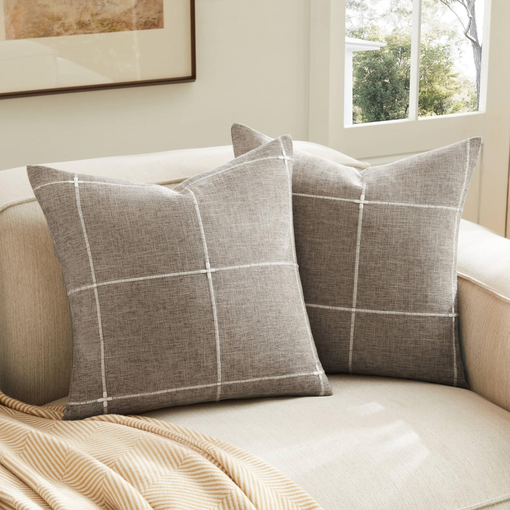 2 Packs Grid Embroidery Throw Pillow Covers, 18x18 Inch Light Grey, Farmhouse Linen Decorative Grey Cushion Covers for Sofa Bed Living Room Home Decor
