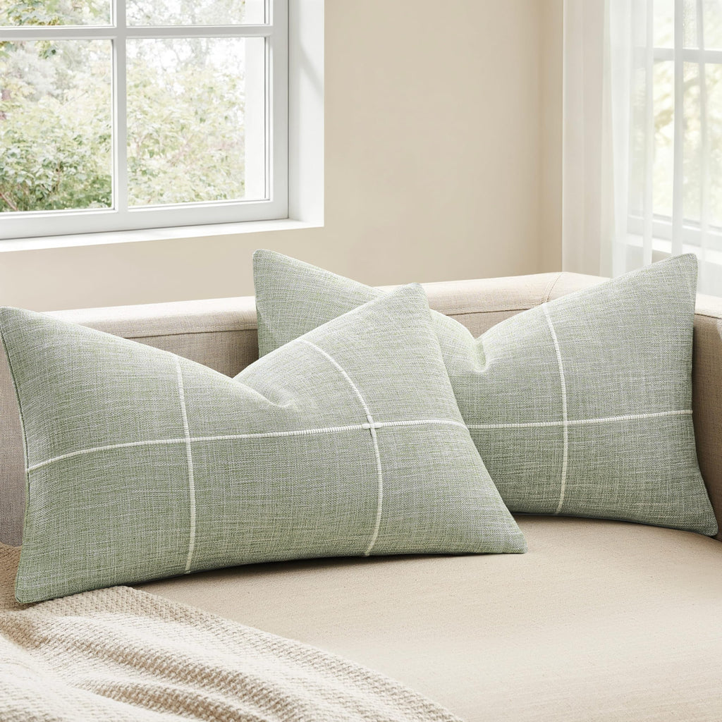 2 Packs Grid Embroidery Throw Pillow Covers, 18x18 Inch Light Sage Green, Farmhouse Linen Decorative Light Green Cushion Covers for Sofa Bed Living Room Home Decor