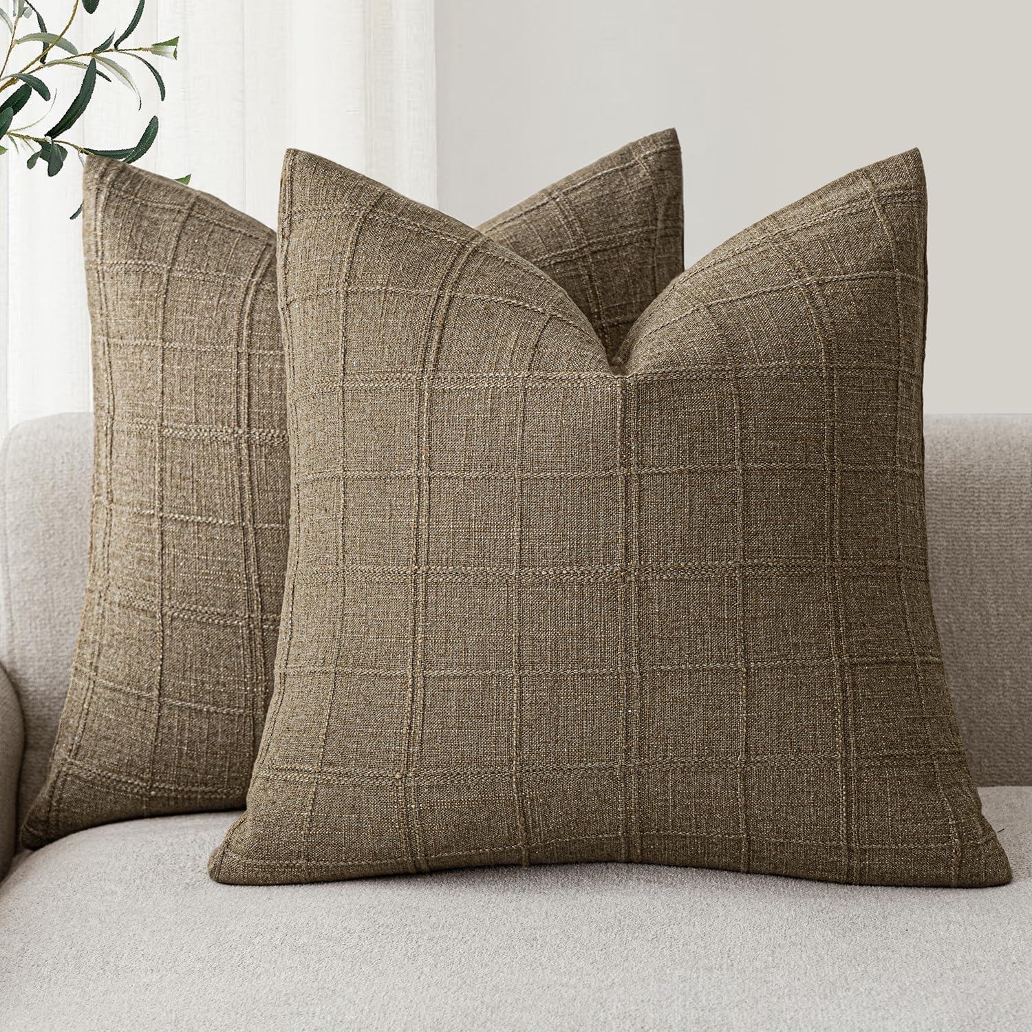 Foindtower Set of 2 Decorative Linen Check Throw Pillow Covers Neutral Farmhouse Vintage Cushion Covers Modern Boho Home Decor for Sofa Chair Couch Bedroom Living Room,18×18 Inch,Natural Beige