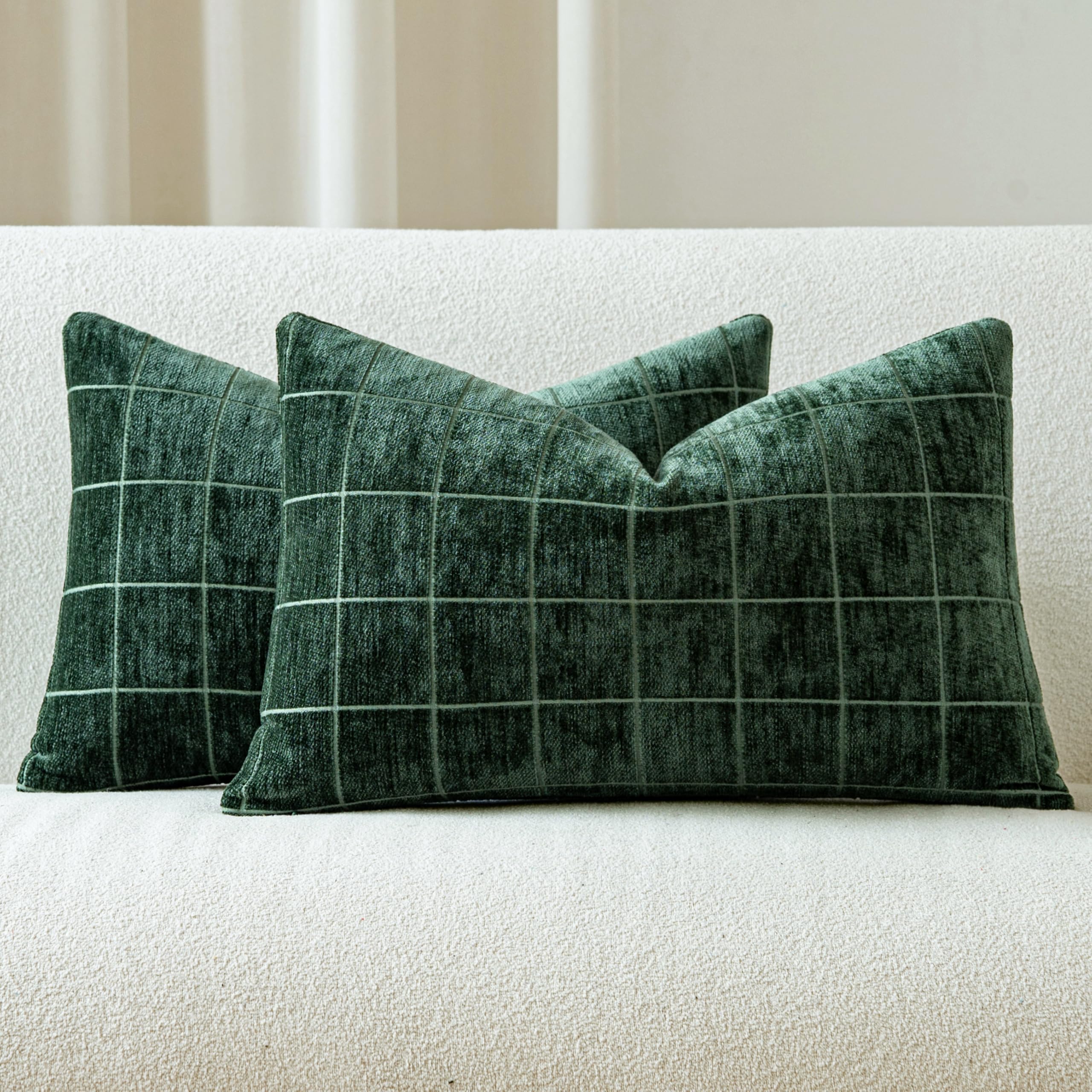 Decorative Chenille Plaid Throw Pillow Covers 18x18 Inch Set of 2 Vintage Check Couch Pillows Neutral Boho Farmhouse Cushion Covers Modern Home Decor for Sofa Bed Living Room Taupe Grey