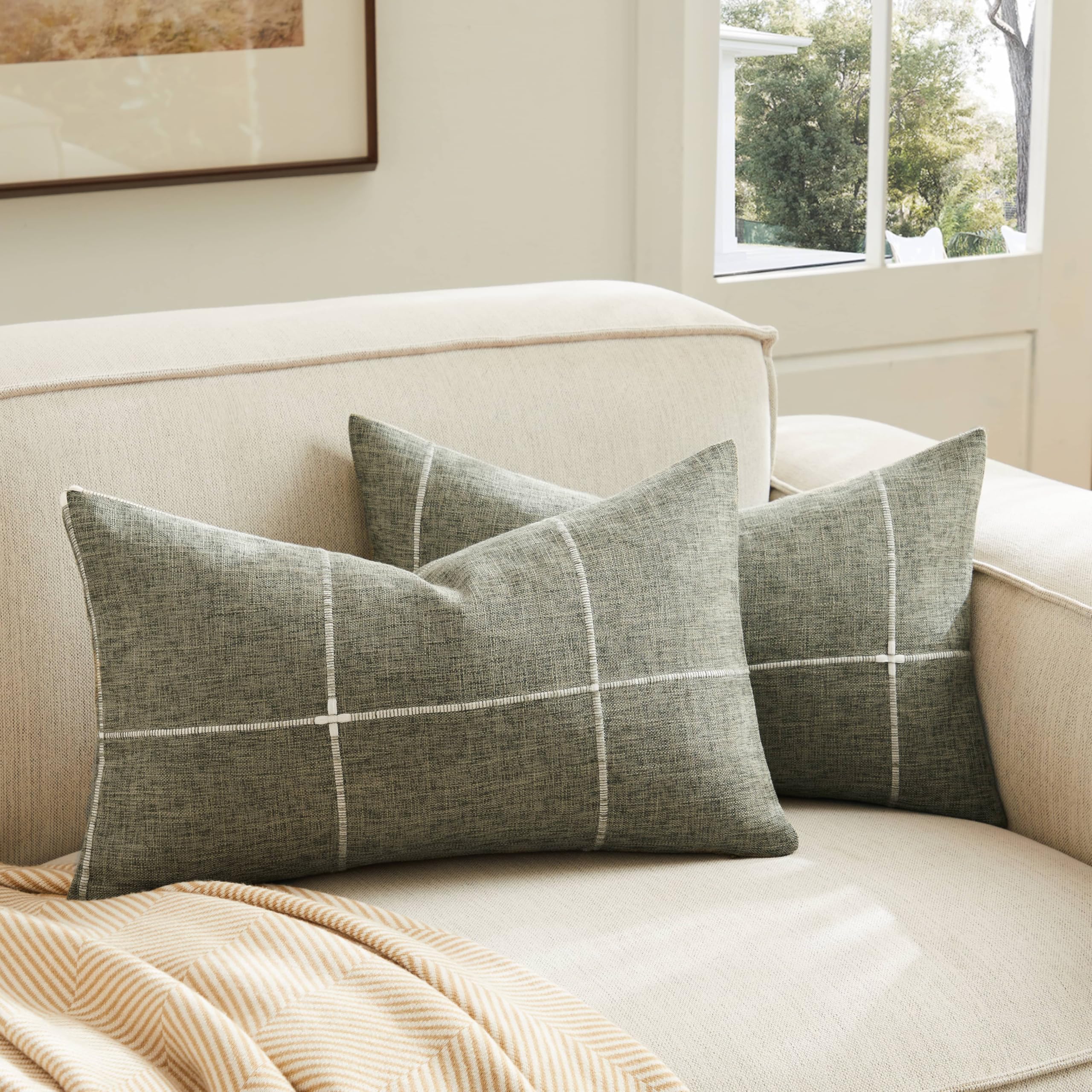 2 Packs Grid Embroidery Throw Pillow Covers, 18x18 Inch Light Grey, Farmhouse Linen Decorative Grey Cushion Covers for Sofa Bed Living Room Home Decor