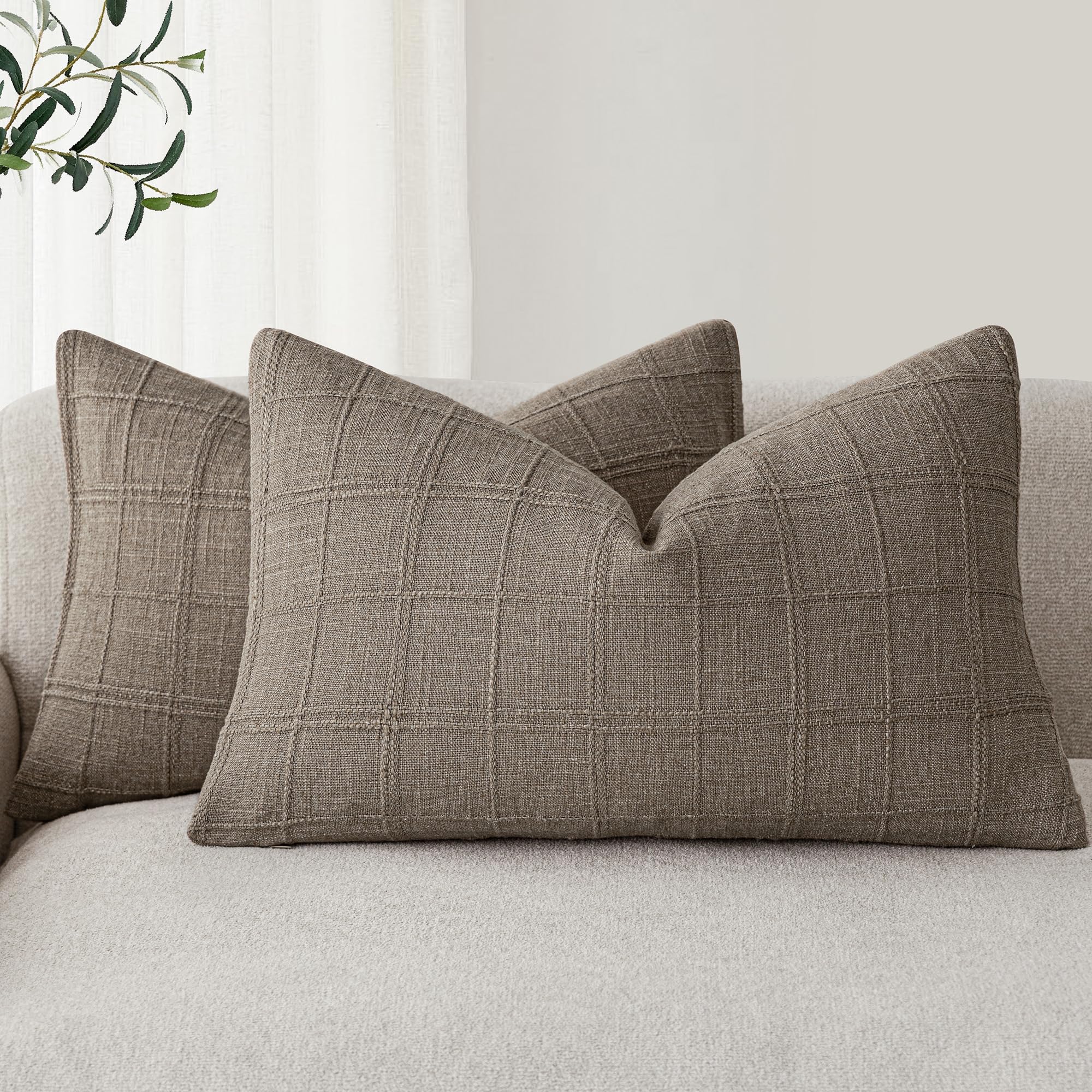 Foindtower Set of 2 Decorative Linen Check Throw Pillow Covers Neutral Farmhouse Vintage Cushion Covers Modern Boho Home Decor for Sofa Chair Couch Bedroom Living Room,18×18 Inch,Natural Beige