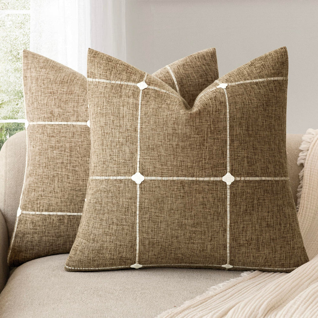 Foindtower Pack of 2 Decorative Faux Linen Jacquard Check Throw Pillow Covers Farmhouse Cushion Cover with Grid Textured Accent Pillowcase for Couch Sofa Living Room Home Decor,20×20 Inch,Olive Green