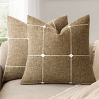 Foindtower Pack of 2 Decorative Faux Linen Jacquard Check Throw Pillow Covers Farmhouse Cushion Cover with Grid Textured Accent Pillowcase for Couch Sofa Living Room Home Decor,20×20 Inch,Olive Green