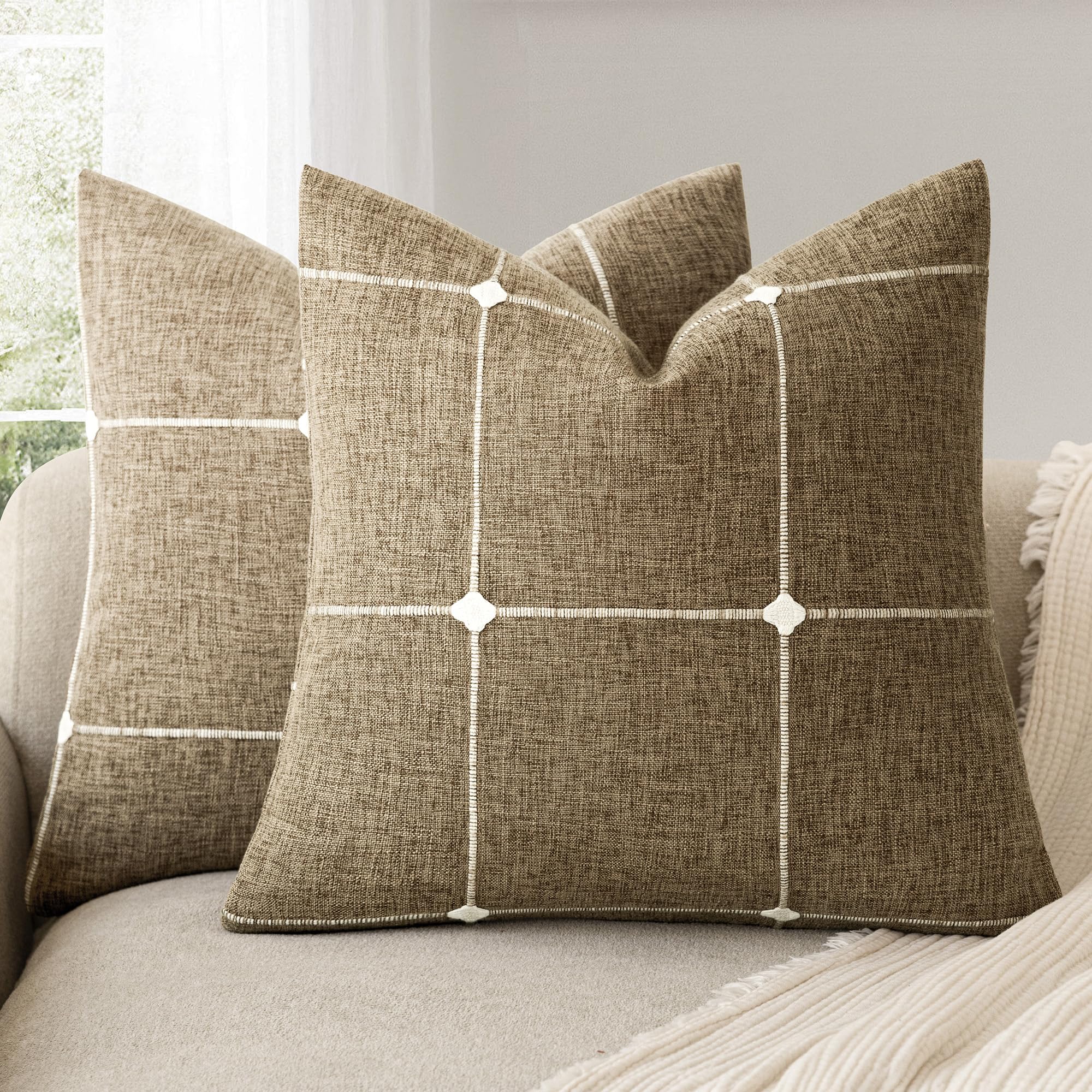 Foindtower Pack of 2 Decorative Faux Linen Jacquard Check Throw Pillow Covers Farmhouse Cushion Cover with Grid Textured Accent Pillowcase for Couch Sofa Living Room Home Decor,20×20 Inch,Olive Green