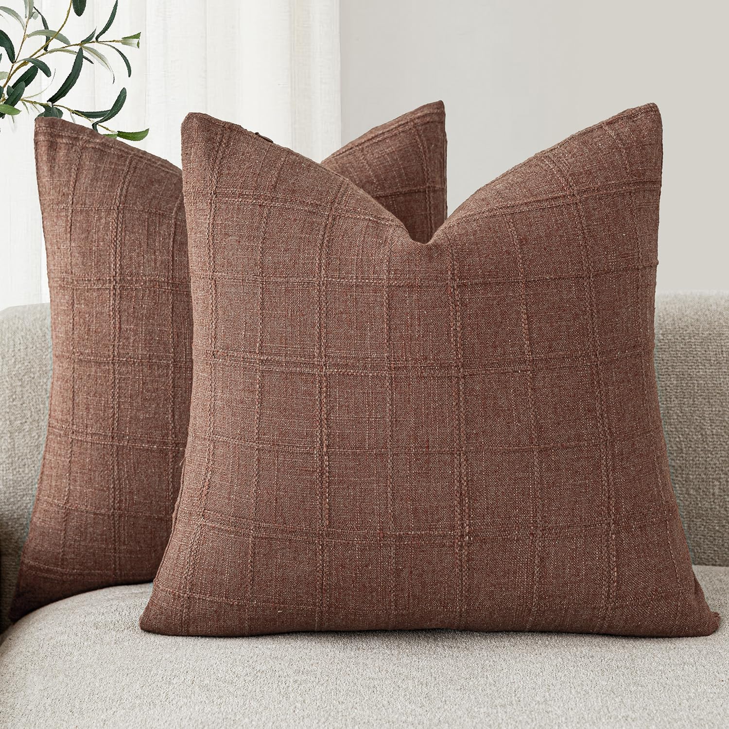 Foindtower Set of 2 Decorative Linen Check Throw Pillow Covers Neutral Farmhouse Vintage Cushion Covers Modern Boho Home Decor for Sofa Chair Couch Bedroom Living Room,18×18 Inch,Natural Beige