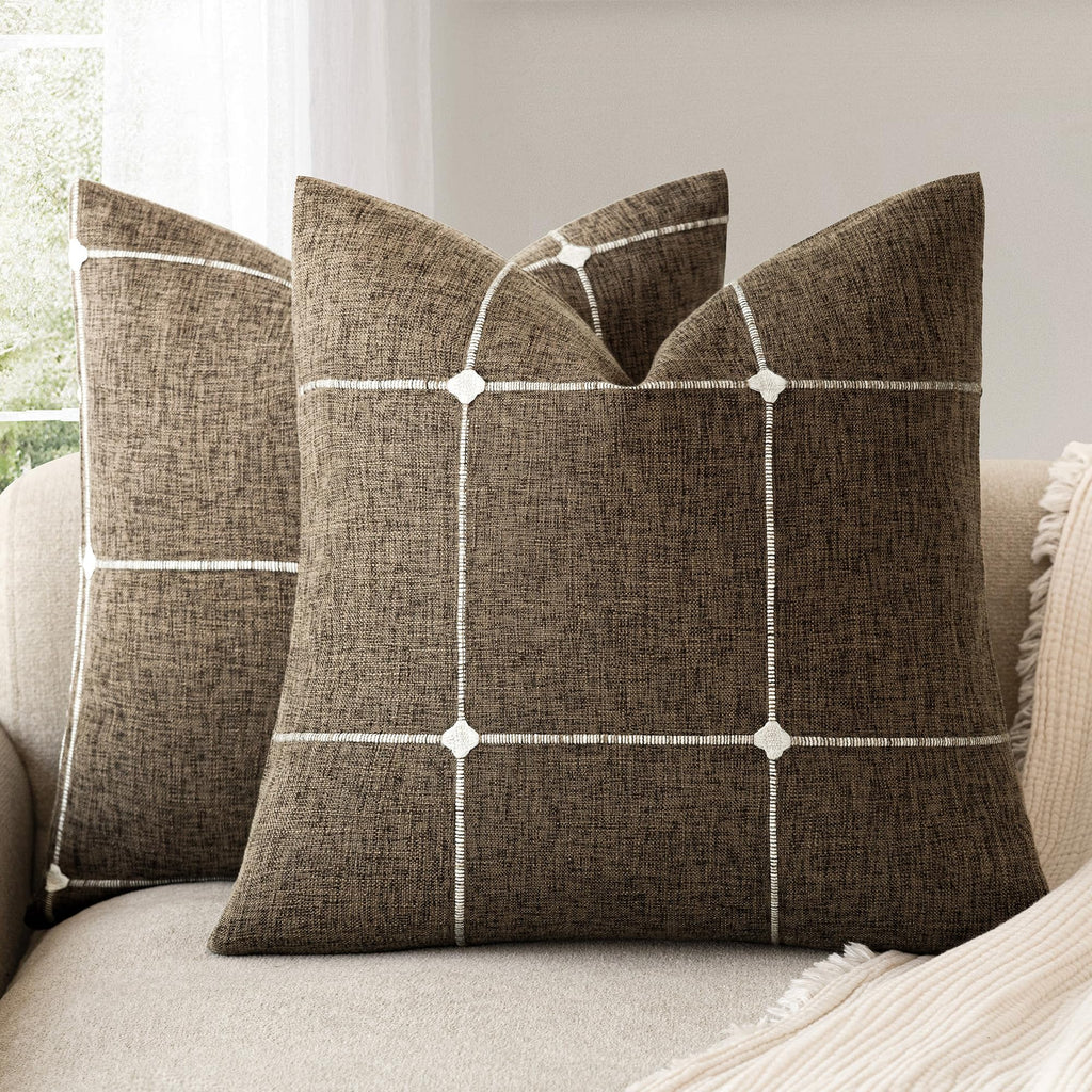 Foindtower Pack of 2 Decorative Faux Linen Jacquard Check Throw Pillow Covers Farmhouse Cushion Cover with Grid Textured Accent Pillowcase for Couch Sofa Living Room Home Decor,20×20 Inch,Olive Green