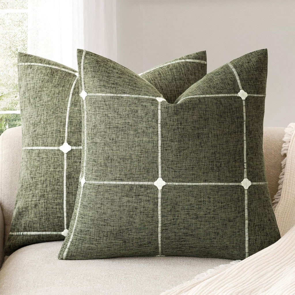 Foindtower Pack of 2 Decorative Faux Linen Jacquard Check Throw Pillow Covers Farmhouse Cushion Cover with Grid Textured Accent Pillowcase for Couch Sofa Living Room Home Decor,20×20 Inch,Olive Green