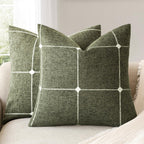 Foindtower Pack of 2 Decorative Faux Linen Jacquard Check Throw Pillow Covers Farmhouse Cushion Cover with Grid Textured Accent Pillowcase for Couch Sofa Living Room Home Decor,20×20 Inch,Olive Green