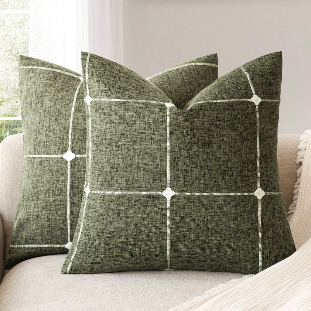 Foindtower Pack of 2 Decorative Faux Linen Jacquard Check Throw Pillow Covers Farmhouse Cushion Cover with Grid Textured Accent Pillowcase for Couch Sofa Living Room Home Decor,20×20 Inch,Olive Green