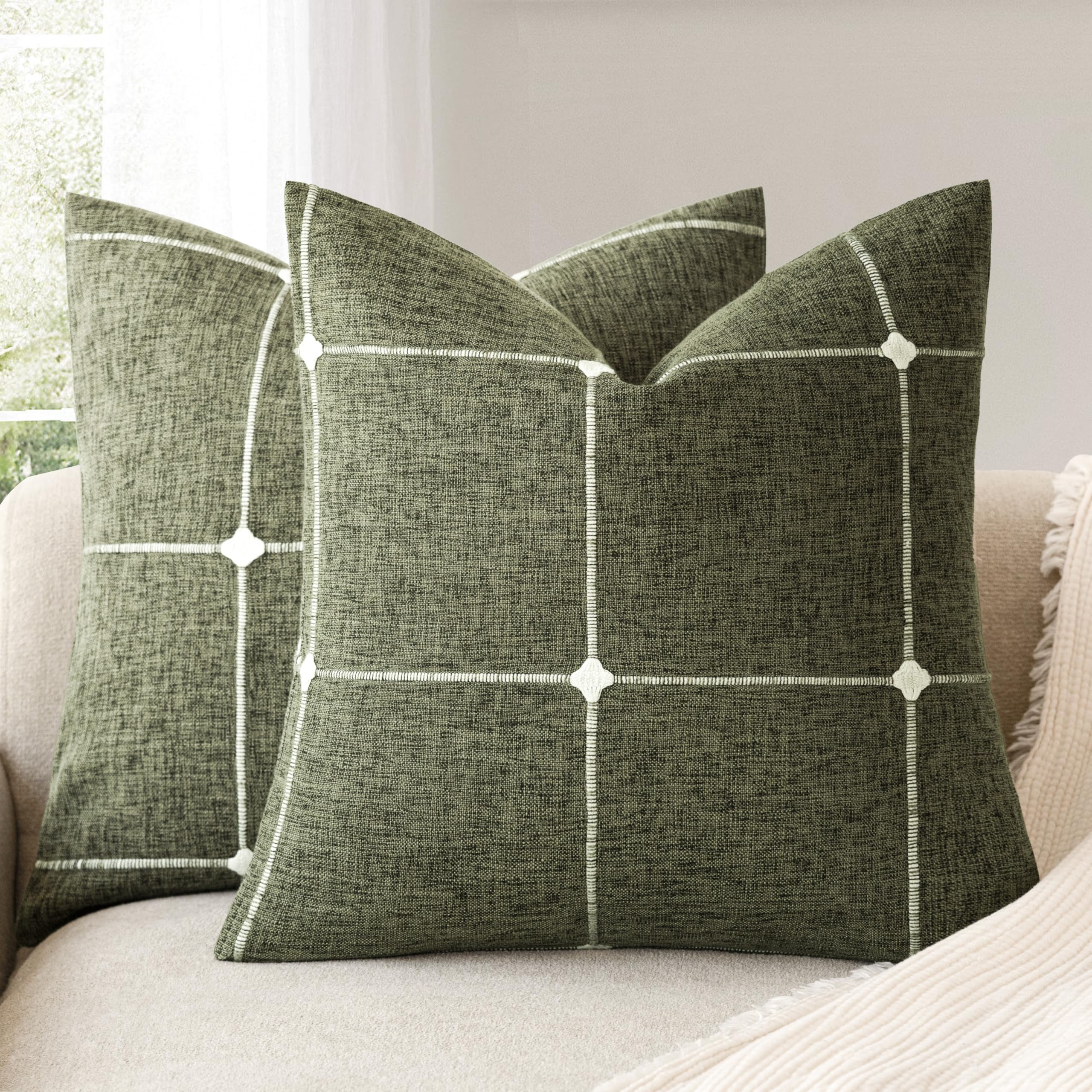 Foindtower Pack of 2 Decorative Faux Linen Jacquard Check Throw Pillow Covers Farmhouse Cushion Cover with Grid Textured Accent Pillowcase for Couch Sofa Living Room Home Decor,20×20 Inch,Olive Green