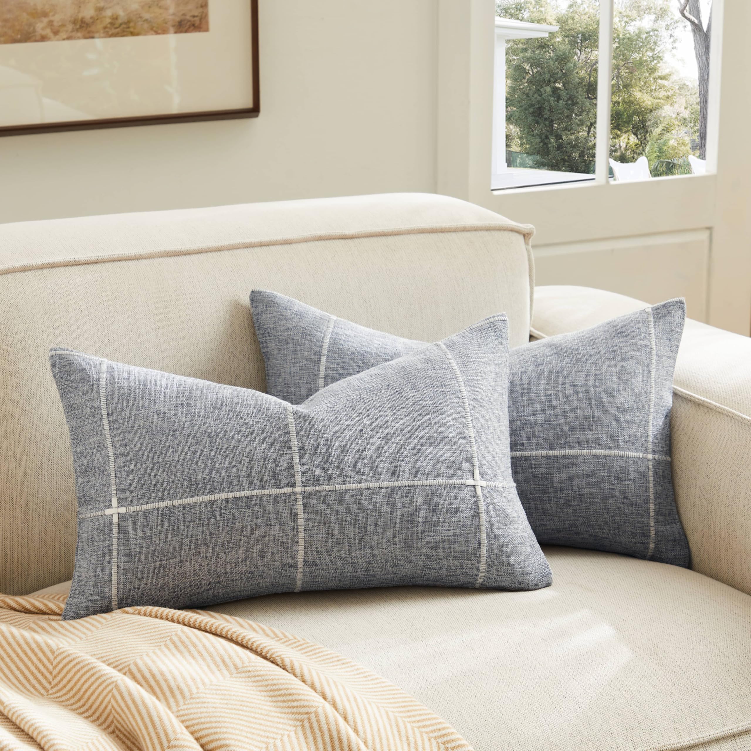 2 Packs Grid Embroidery Throw Pillow Covers, 18x18 Inch Light Grey, Farmhouse Linen Decorative Grey Cushion Covers for Sofa Bed Living Room Home Decor