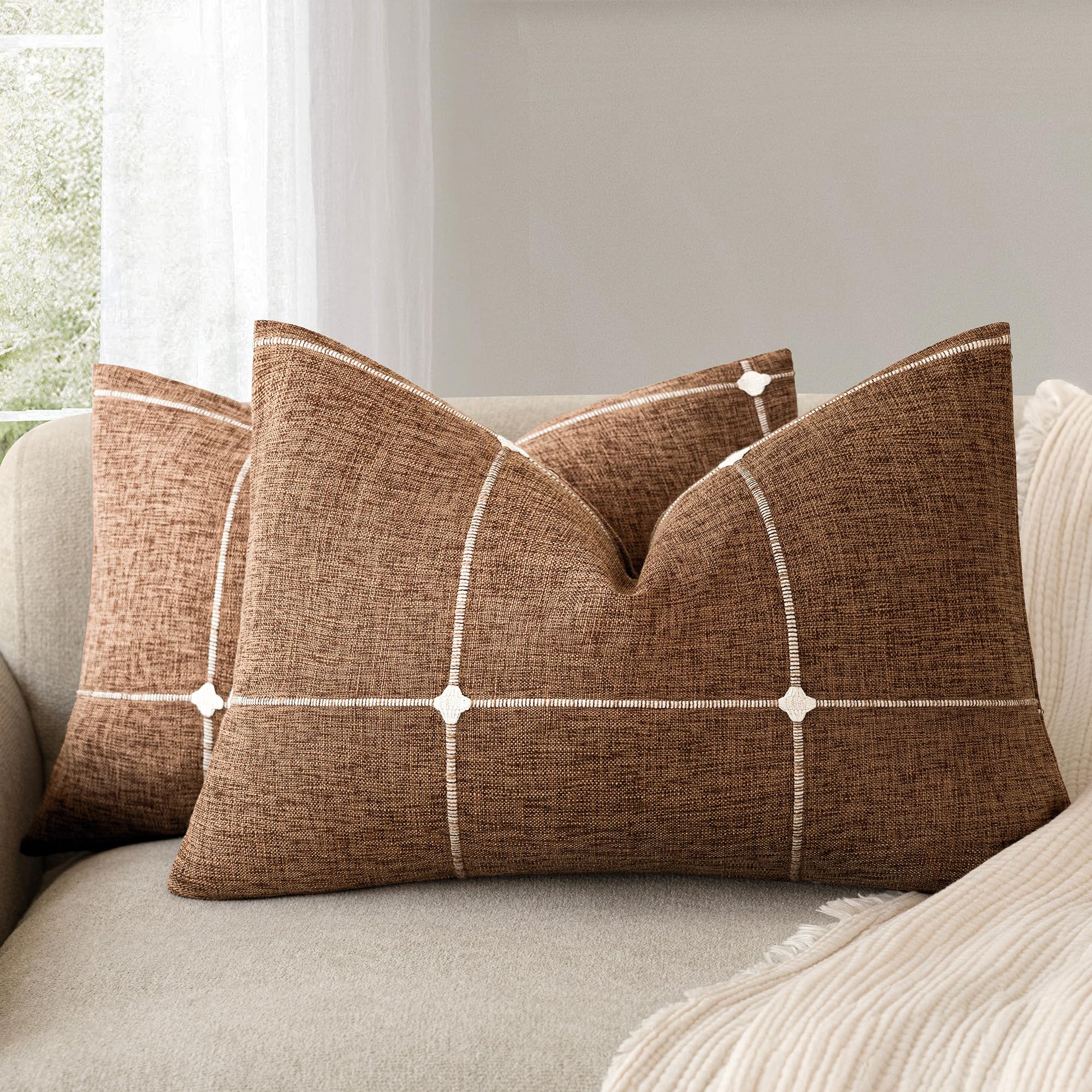 Foindtower Pack of 2 Decorative Faux Linen Jacquard Check Throw Pillow Covers Farmhouse Cushion Cover with Grid Textured Accent Pillowcase for Couch Sofa Living Room Home Decor,20×20 Inch,Olive Green