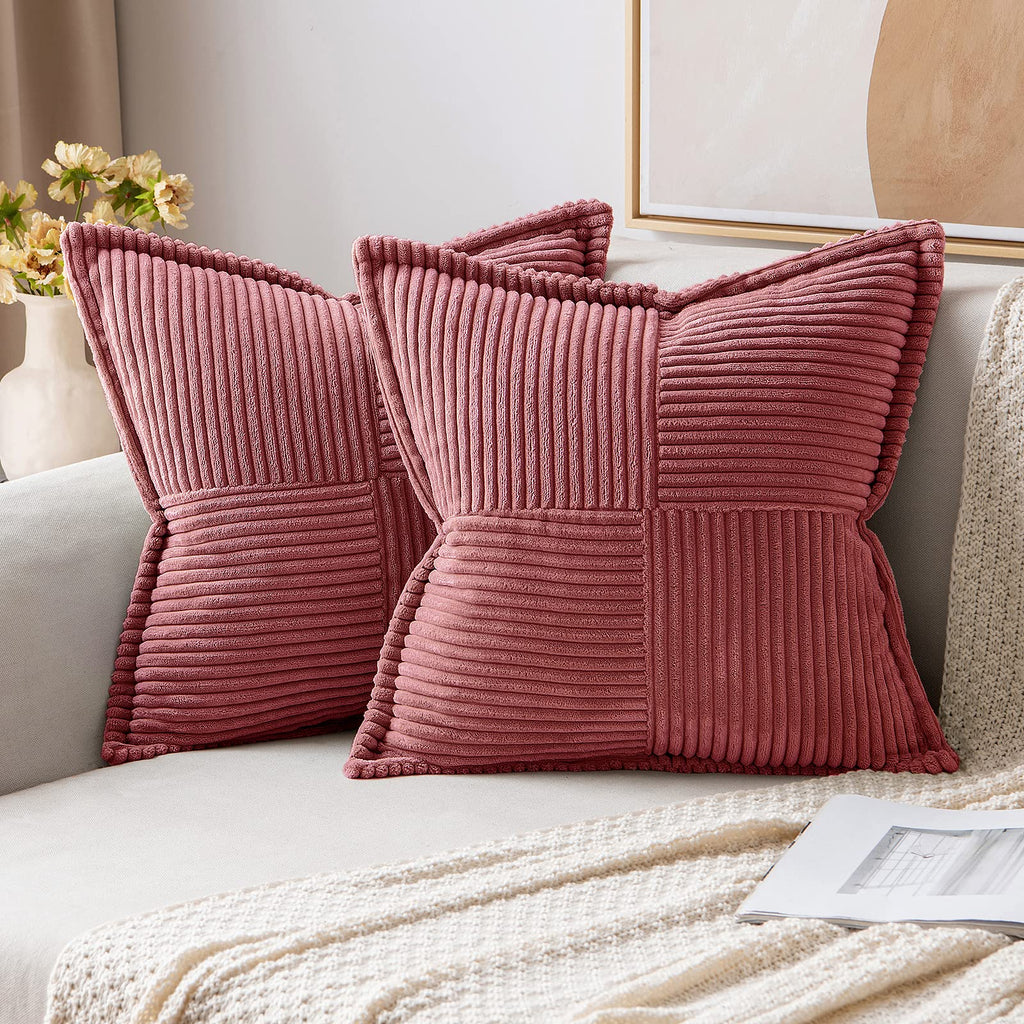 MIULEE Decorative Throw Pillow Covers for Couch Bed Livingroom 20x20 Inch Set of 2 Beige Boho Accent Throw Pllows Broadside Striped Patchwork Soft Corduroy Pillowcases